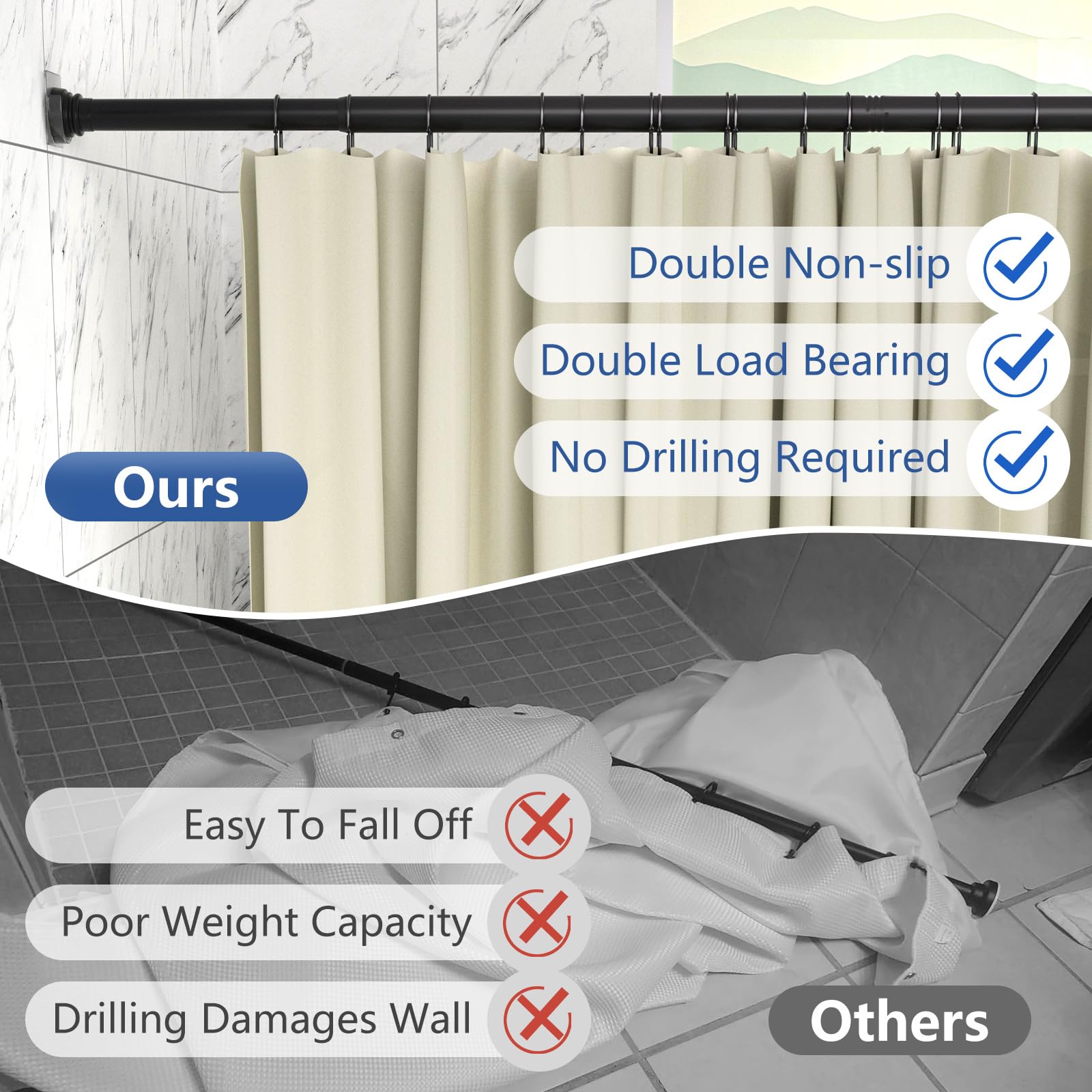 Goowin Black Shower Curtain Rod 24-34 Inch - No Drill Rustproof Tension Rod for Bathroom, Window, Room Divider & Closet - Perfect for Small Spaces, Apartments & Dorm Rooms