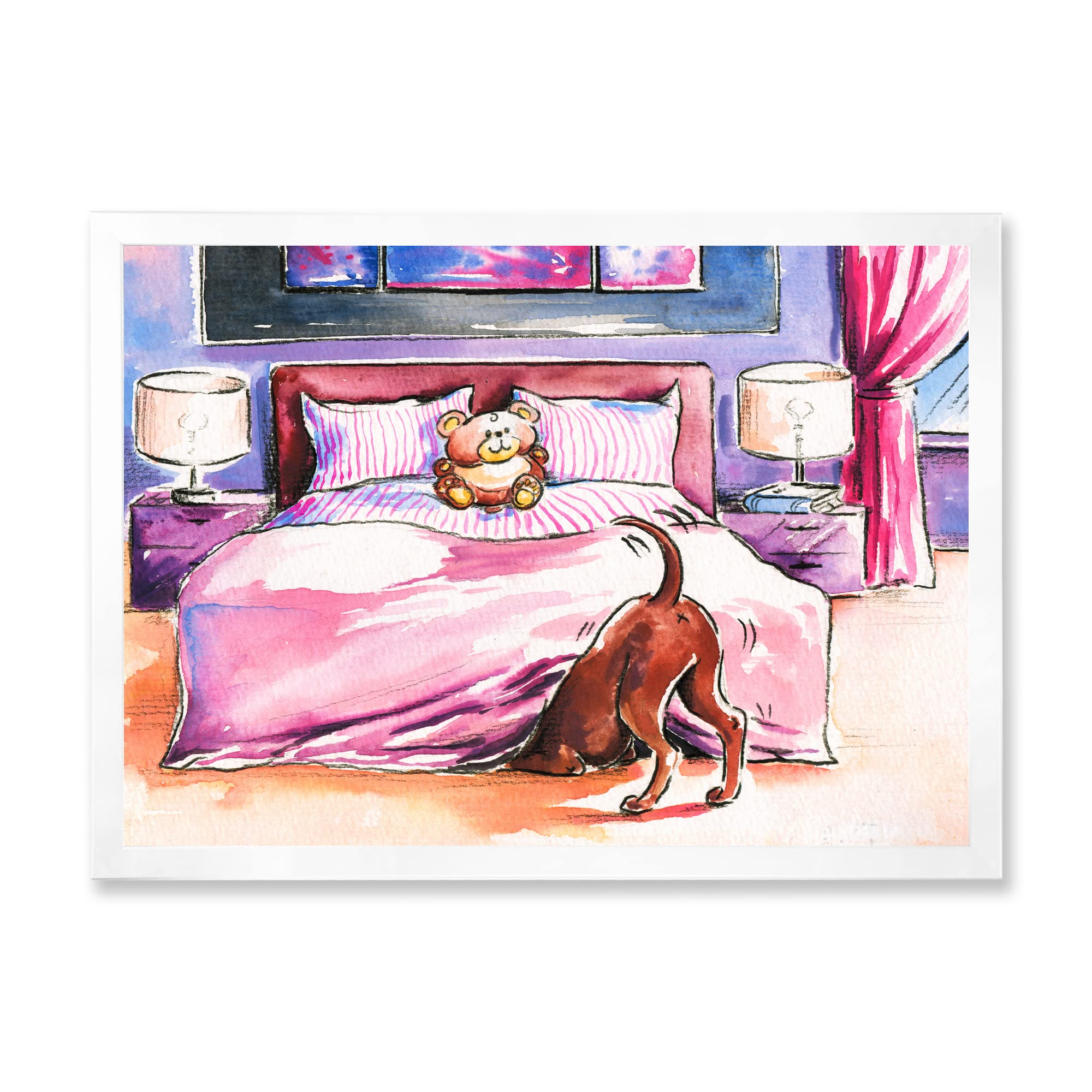 DesignQ Brown Dog Looking Under the Bed Farmhouse Framed Wall Art - Rustic Home Decor for Living Room, Bedroom & Office - Perfect Gift for Dog Lovers