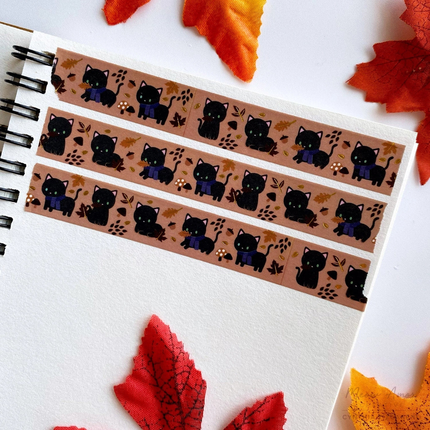 Autumn Black Cat Gold Foil Washi Tape - Decorative Japanese Paper Tape for Scrapbooking, Journaling, Gift Wrapping & DIY Crafts