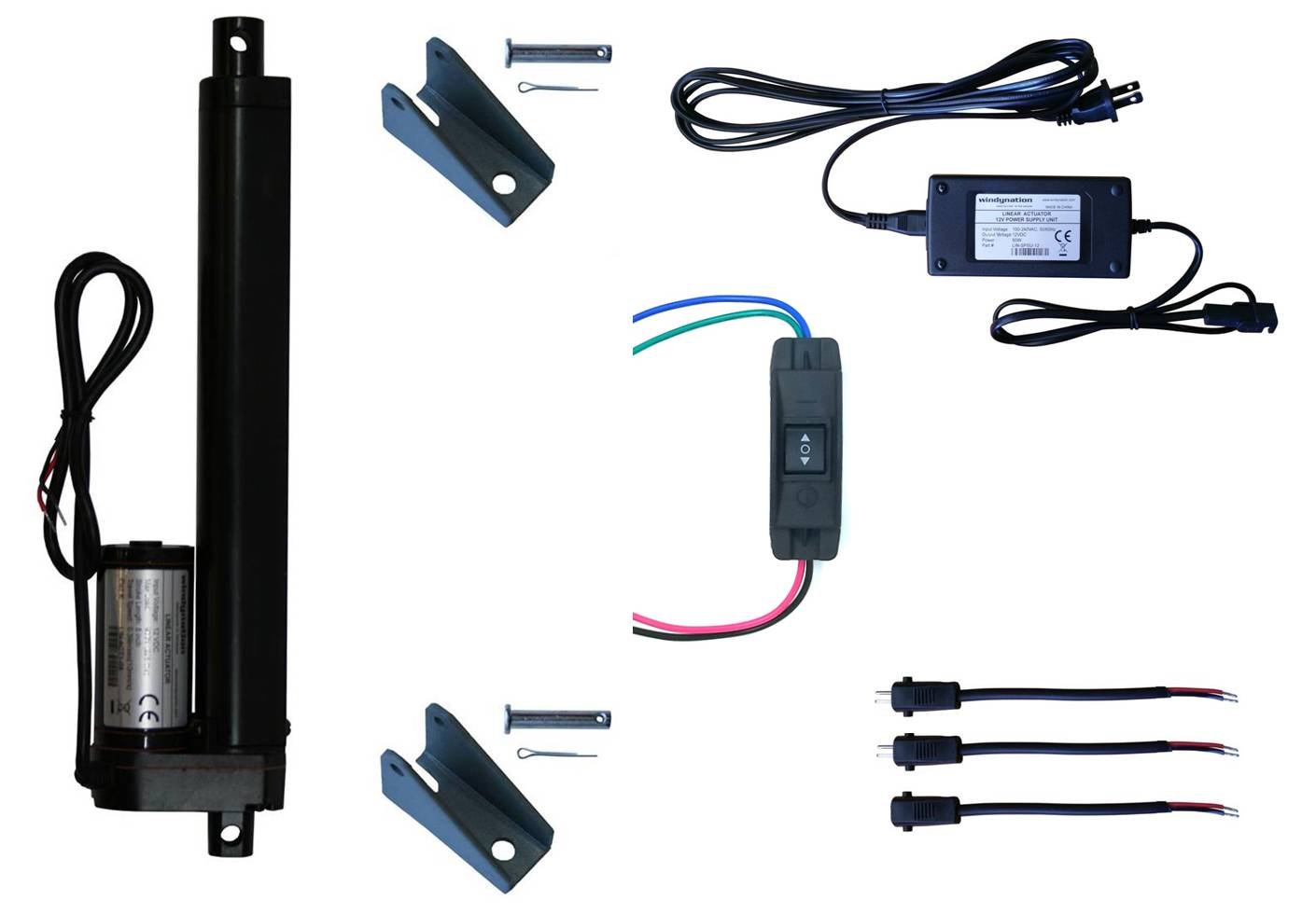 WindyNation 12V Linear Actuator Kit with Power Supply, DPDT Switch & Mounting Brackets - 8 Inch Stroke, Momentary Control for Home Automation, RV, Marine & Industrial Applications