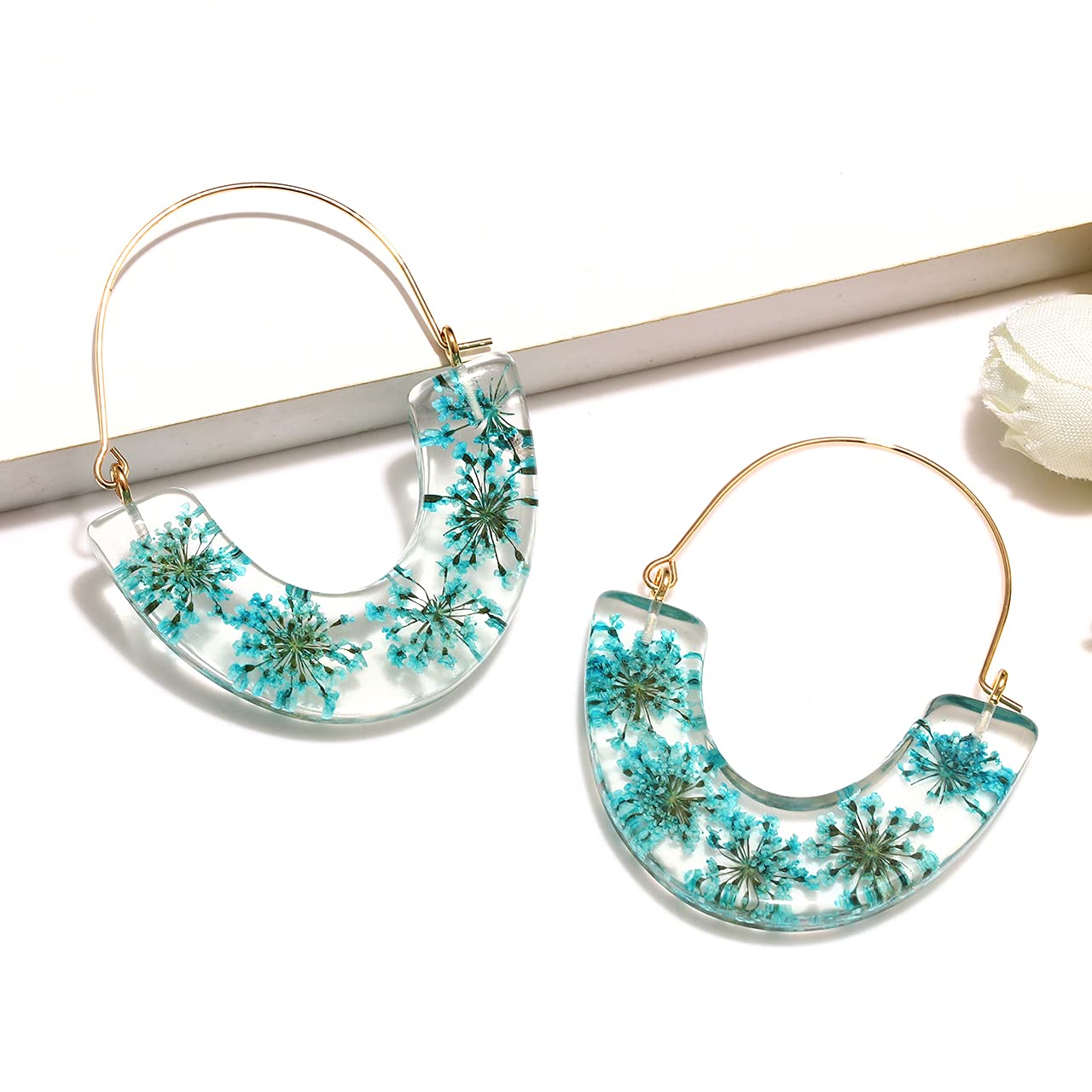 Pressed Flower Resin Hoop Earrings for Women - Real Floral Dangle Drop Statement Earrings - Birthday, Wedding, Party Gifts - Perfect for Boho Style & Everyday Wear