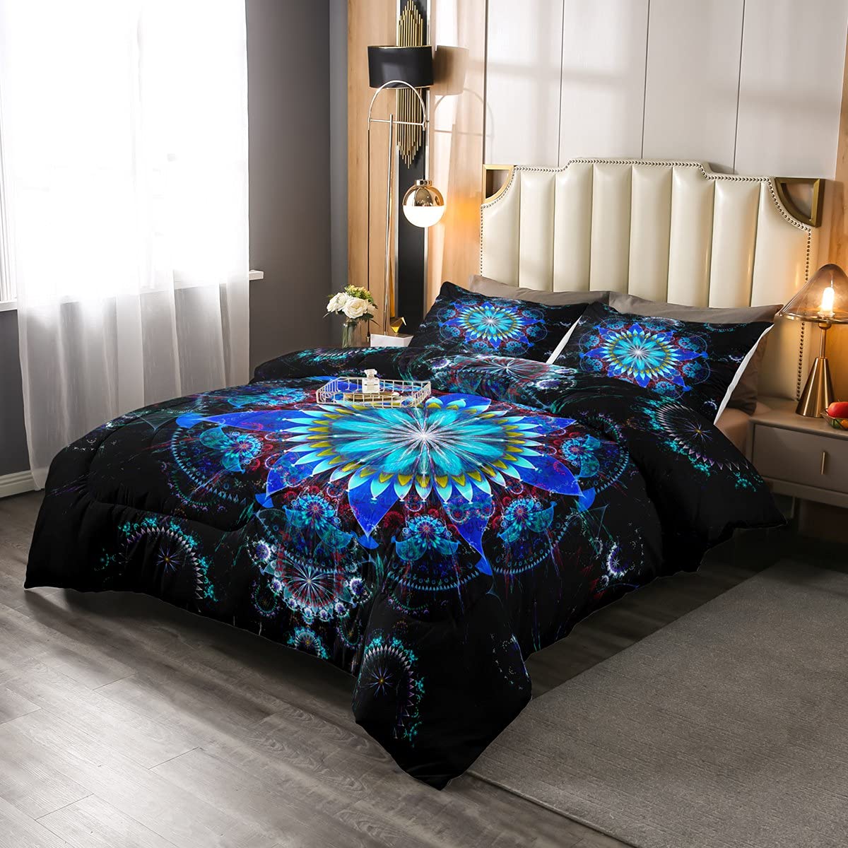Castle Fairy Mandala Comforter Set - Twin Size Blue Boho Floral Duvet Cover with Pillowcase | All-Season Butterfly Bedding for Girls & Women | Perfect for Bohemian Bedroom Decor & Teen Girl's Room