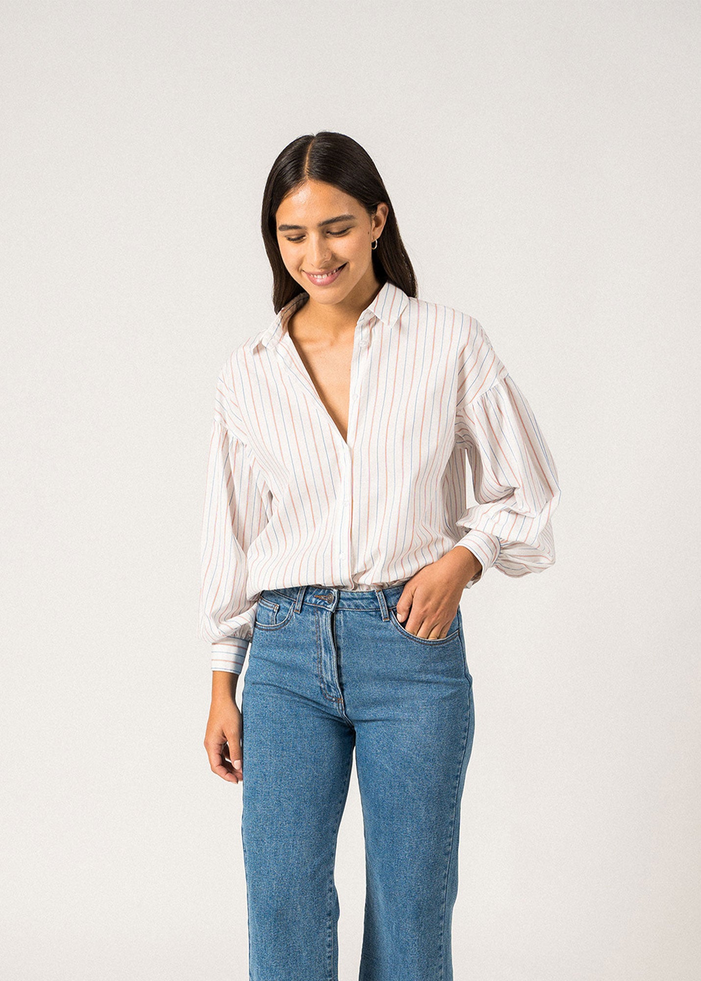 ADELE Long Sleeve Shirt for Women - Soft Cotton Elegant Blouse (White/Navy Blue/Orange) - Perfect for Office, Date Night & Casual Outfits