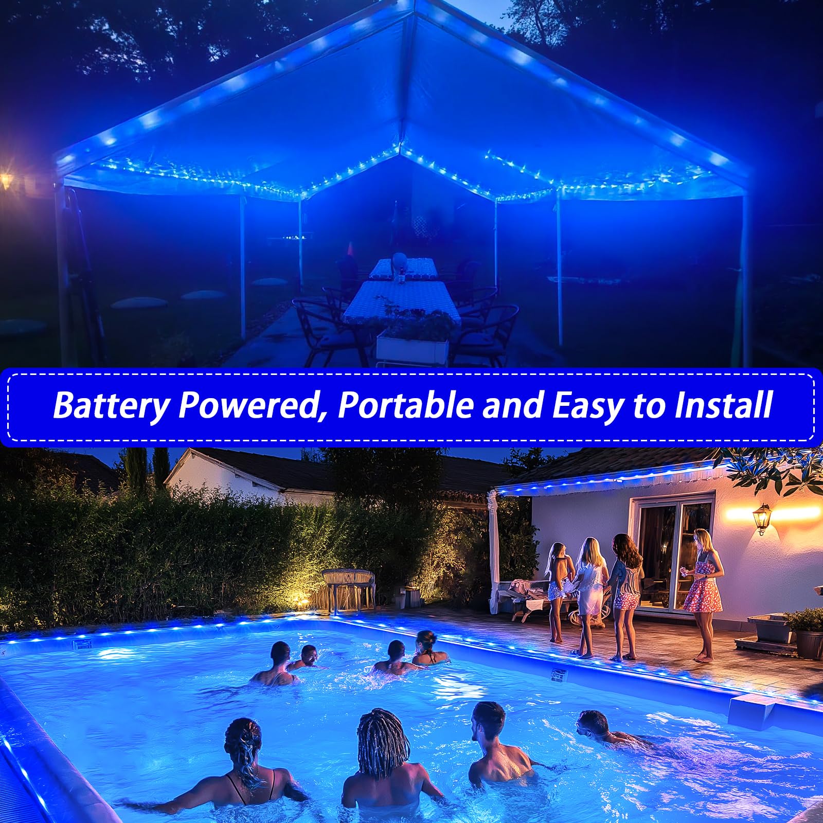 JMEXSUSS 100 LED Blue Battery Operated Rope Lights - 33ft Waterproof Outdoor String Lights with Remote, 8 Lighting Modes for Christmas, Camping, Trampoline, Canopy, Tent & Pool Decorations | Perfect for Patio, Garden, Party & Holiday Lighting
