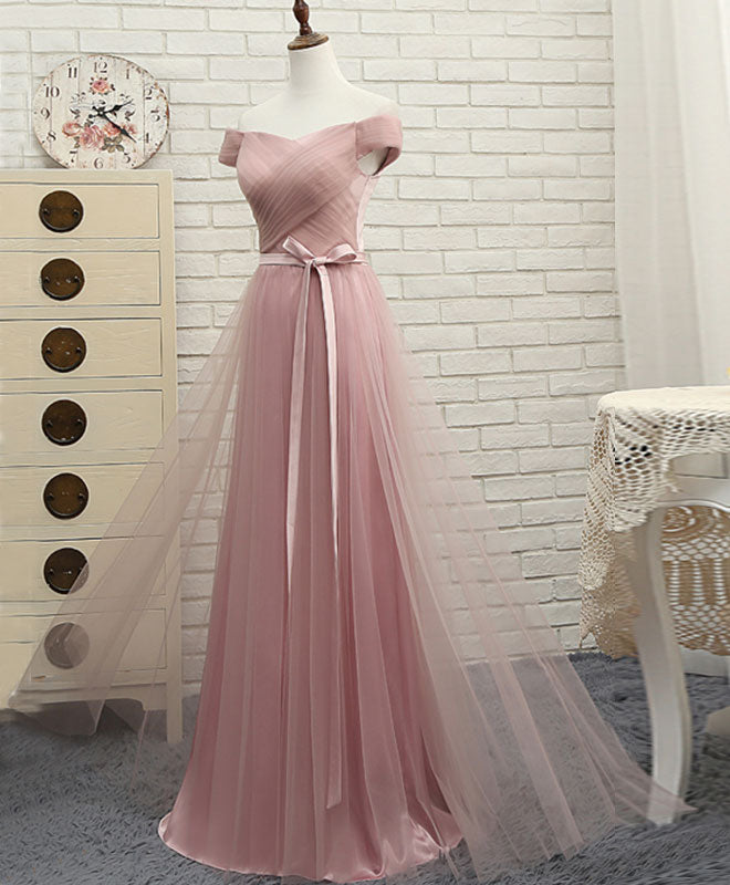 Elegant Pink A-Line Tulle Off-Shoulder Long Prom Dress for Women - Perfect for Evening Gowns, Homecoming, Formal Events & Special Occasions