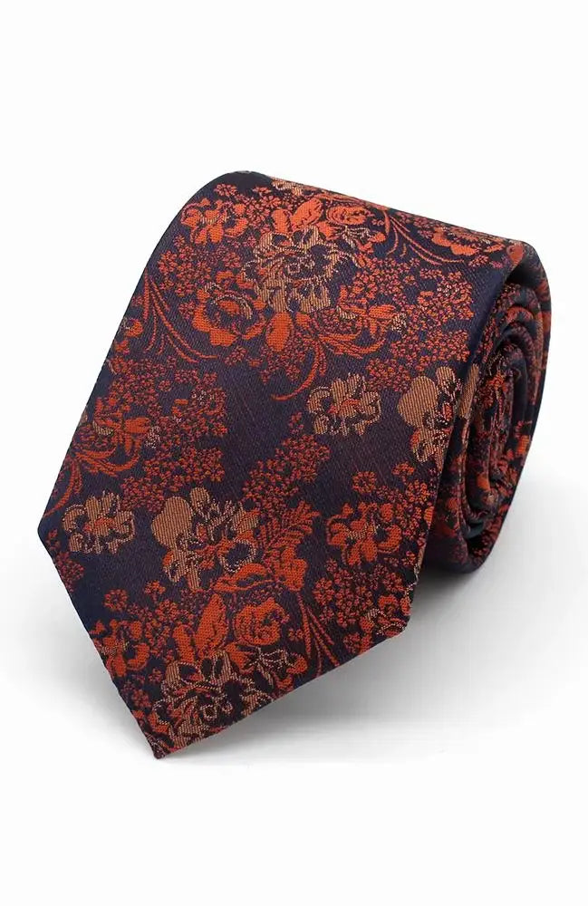 LA Smith Navy Blue Floral Tie and Pocket Square Set - Copper & Gold Accents for Weddings, Parties & Formal Events