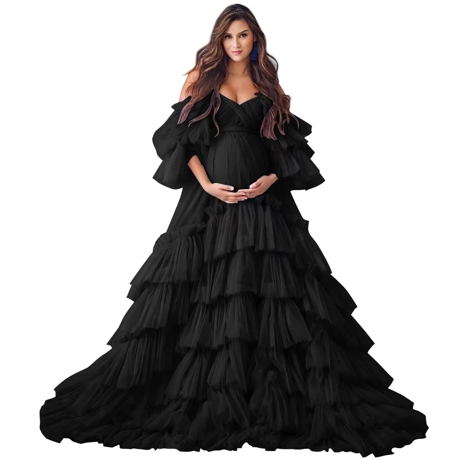 Elegant Ruffles Puffy Tulle Maternity Dress for Photoshoot | Off Shoulder Bridal Lingerie & Baby Shower Pregnancy Robe | Perfect for Maternity Photo Sessions, Bridal Showers and Special Occasions
