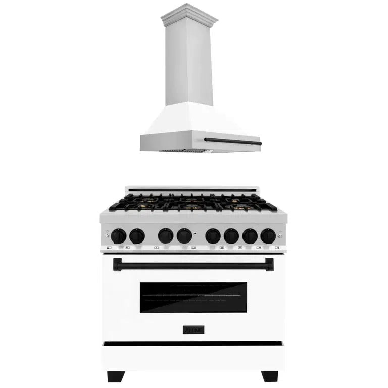 ZLINE Autograph Edition 36-inch Stainless Steel Dual Fuel Range with White Matte Door & Matte Black Range Hood - Professional Kitchen Package for Home Chefs | Perfect for Modern Kitchens & Gourmet Cooking
