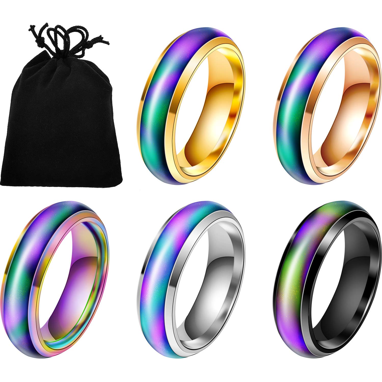 Hicarer 5-Pack Color Changing Mood Rings for Men & Women - Stainless Steel Temperature Sensitive Emotion Rings - Perfect for Weddings, Parties & Gifts