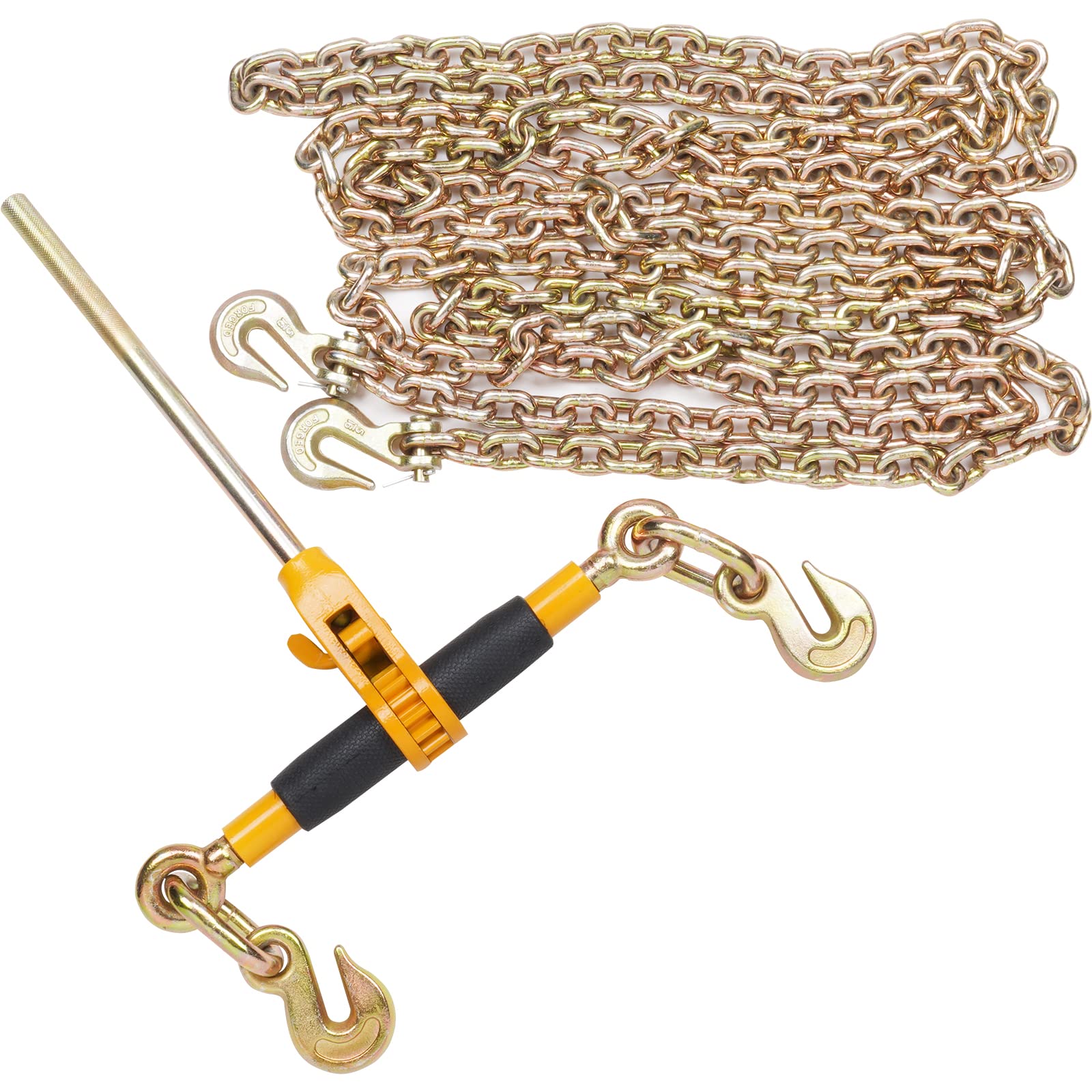 VEVOR Heavy Duty Ratchet Chain Binder 5/16-3/8 Inch with G80 Chain - 7100 lbs Load Capacity, Detachable Anti-Skid Handle - 2 Pack Black & Yellow - for Flatbed Trailers, Cargo Securing, Trucking & Transport - Great for Construction, Landscaping, Towing Equipment & DIY Projects