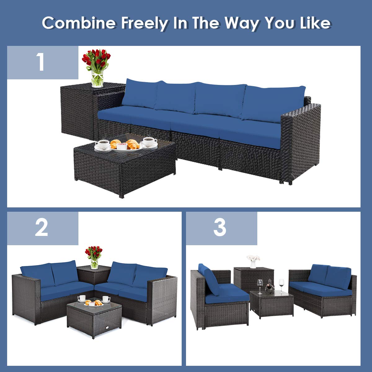 HappyGrill 4-Piece Patio Furniture Set - Outdoor Rattan Wicker Conversation Sofa with Storage Box & Tempered Glass Coffee Table - Perfect for Backyard, Garden, Porch, Poolside & Outdoor Entertaining