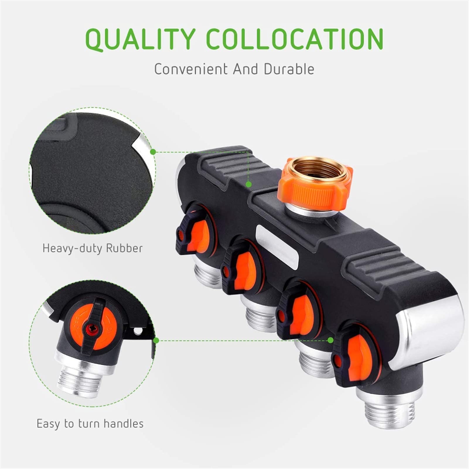 4 Way Brass Garden Hose Splitter - Heavy Duty Faucet Adapter with Rubber Grip for Drip Irrigation, Lawn Watering & Outdoor Use | Perfect for Gardens, Yards and Farm Irrigation Systems