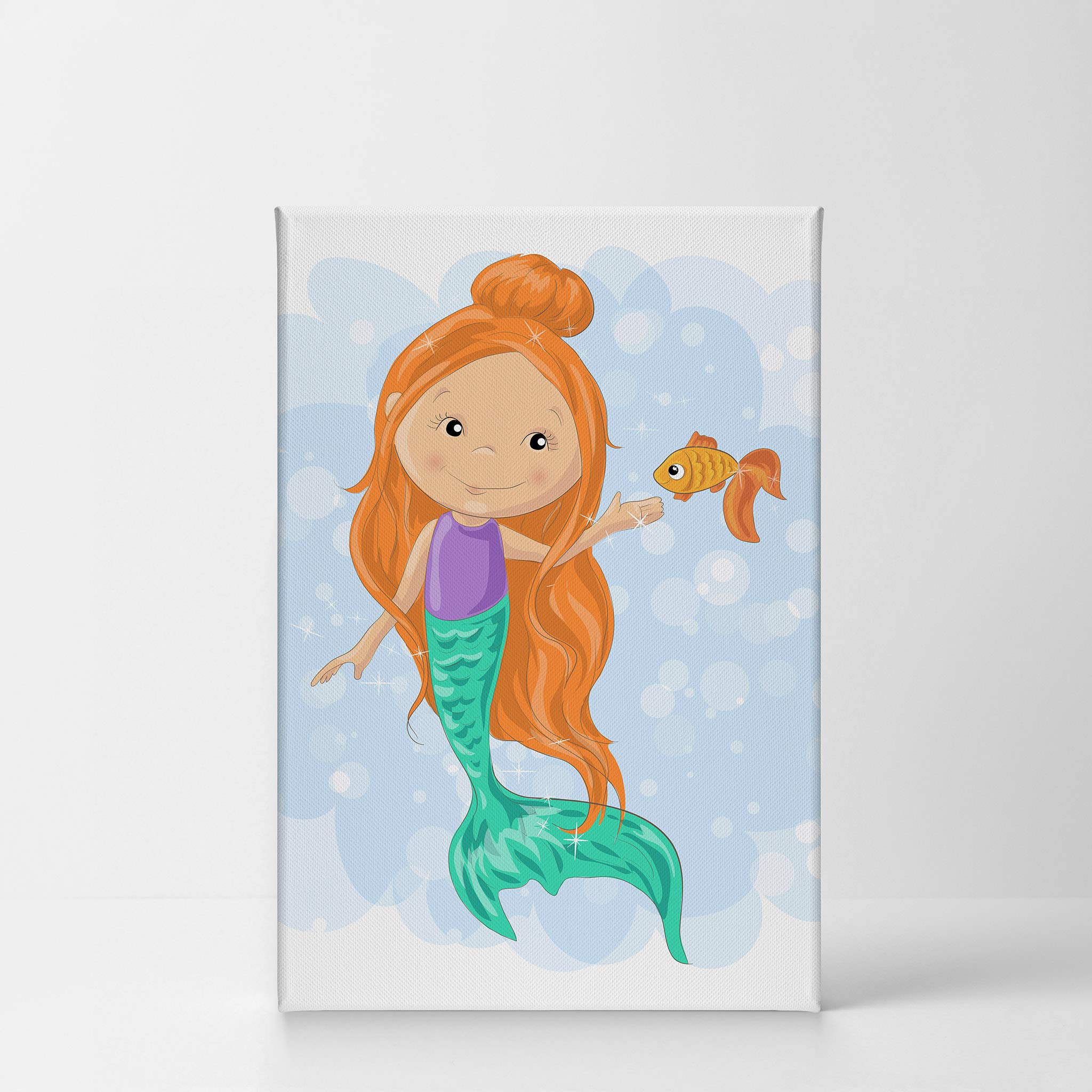 Cute Mermaid Canvas Print - Smile Art Design Kids Room Decor, Nursery Wall Art with Fish & White Background, Ready to Hang (36x24) - Perfect for Baby Rooms, Playrooms & Under-the-Sea Themed Decor | Made in USA