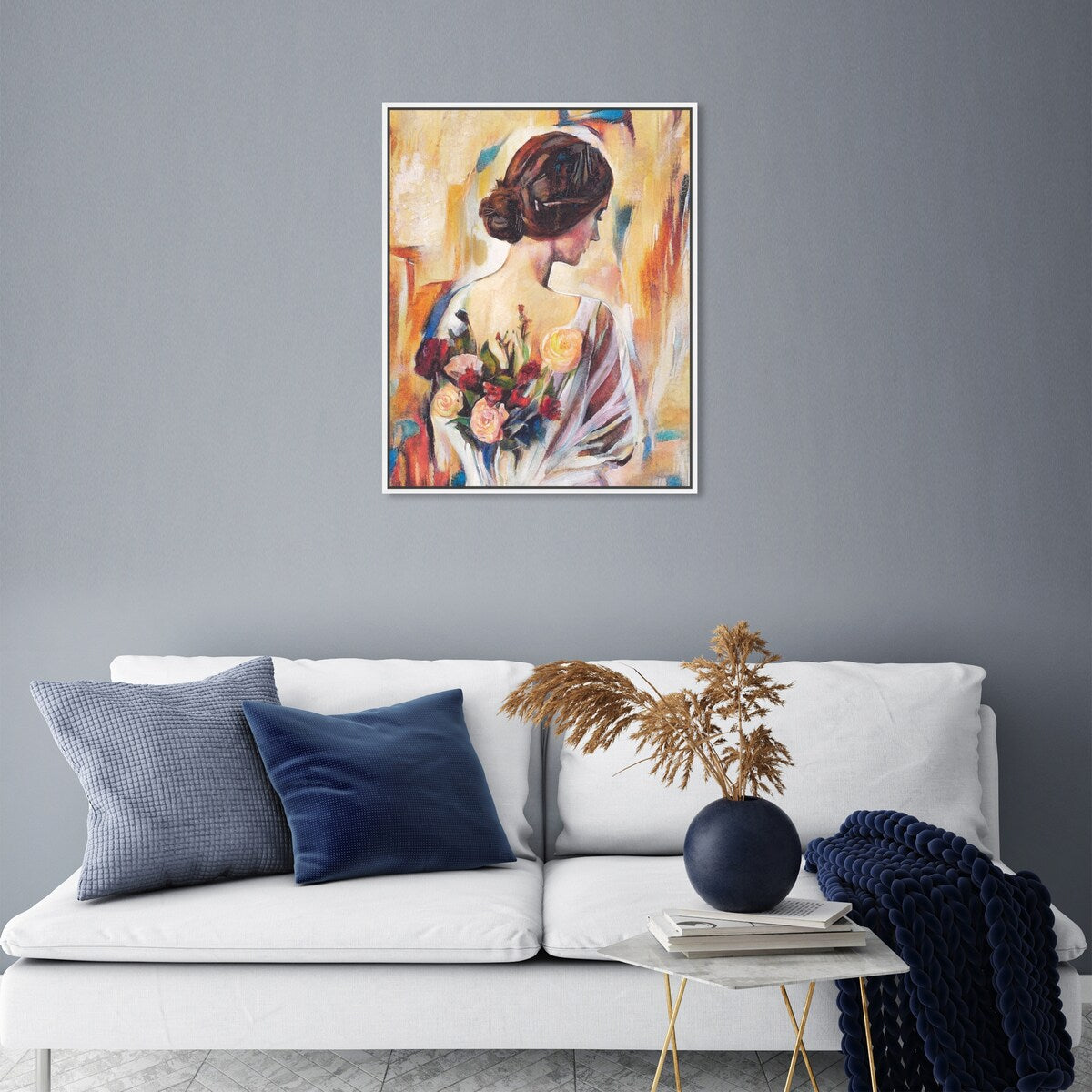Modern White Framed Canvas Wall Art Print - Floral Back and Flowers Design for Female Beauty, Perfect for Bedroom Decor & Living Room Aesthetic