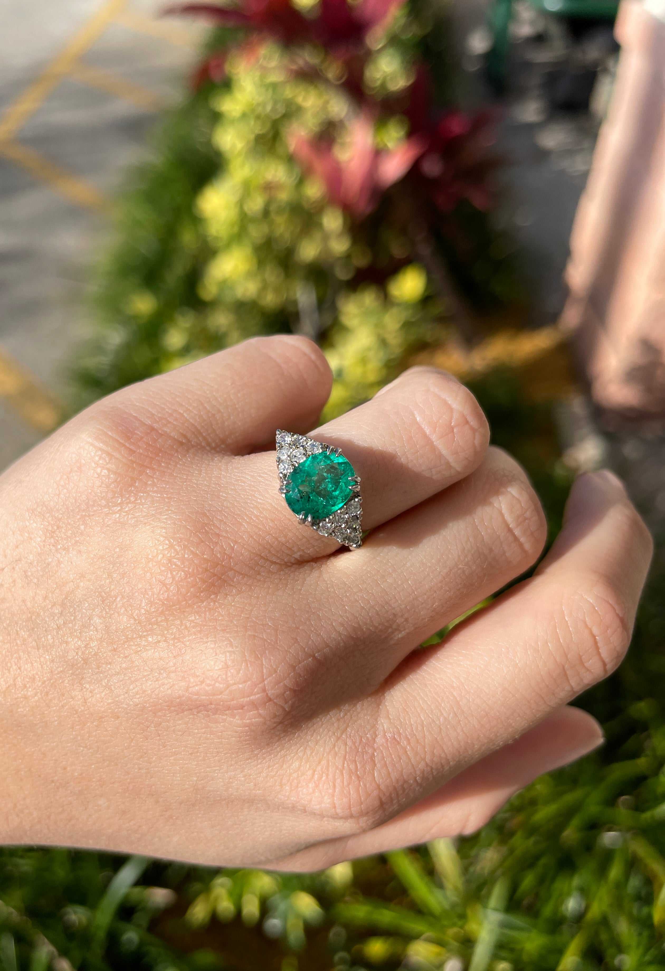 4.30 Carat Oval Colombian Emerald & Diamond Anniversary Statement Ring in Platinum - Perfect for Weddings, Anniversaries & Special Occasions