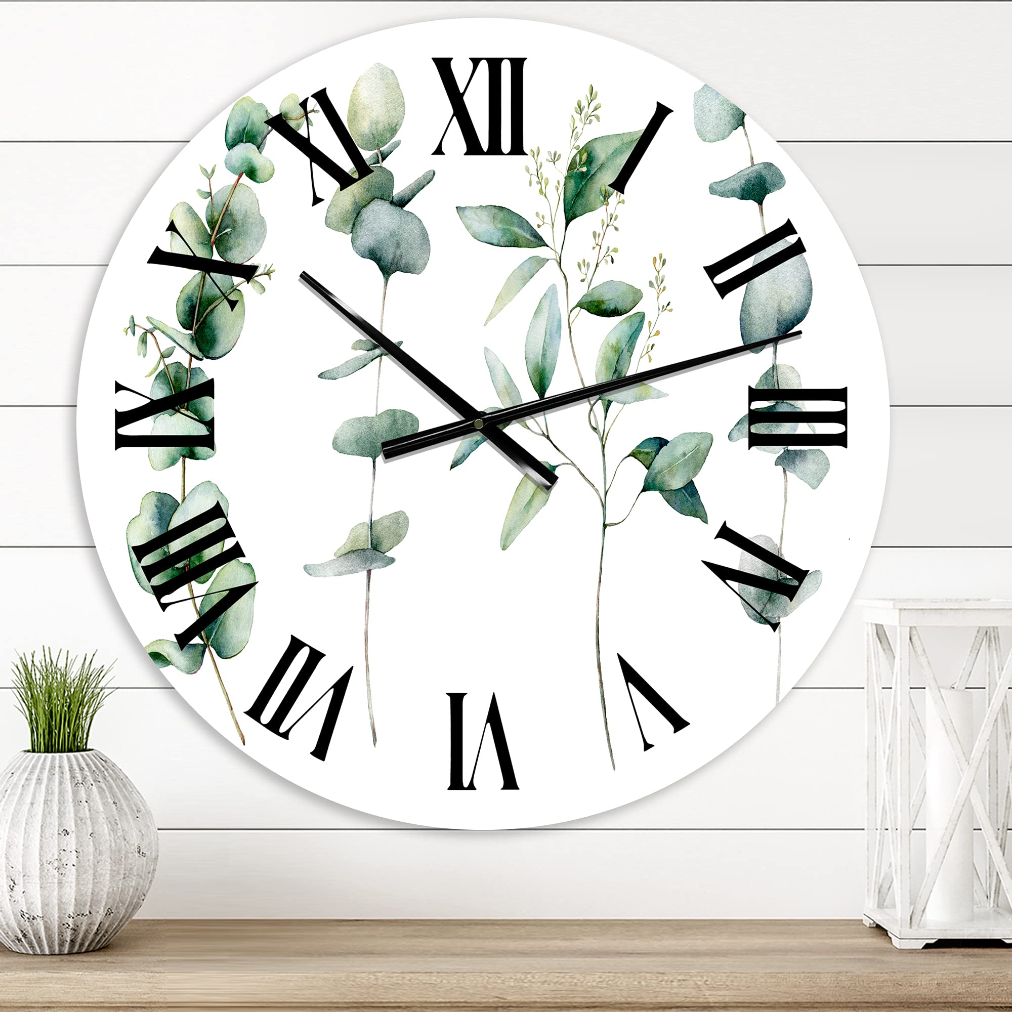 Green Eucalyptus Branches Wall Clock - Large Traditional Floral Botanical Wall Decor for Living Room, Bedroom & Office | Perfect for Home Decor and Gift Giving