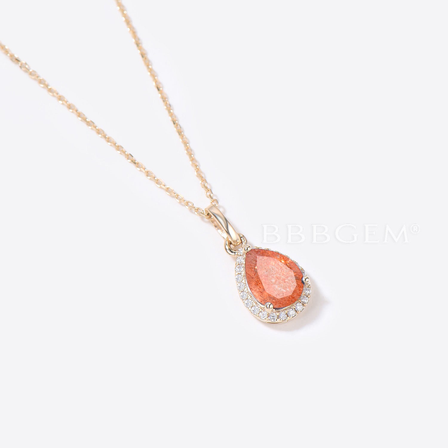 Pear Shaped Sunstone Necklace - 14k Gold & Diamond Halo Wedding Pendant for Brides, Anniversary Gifts & Special Occasions