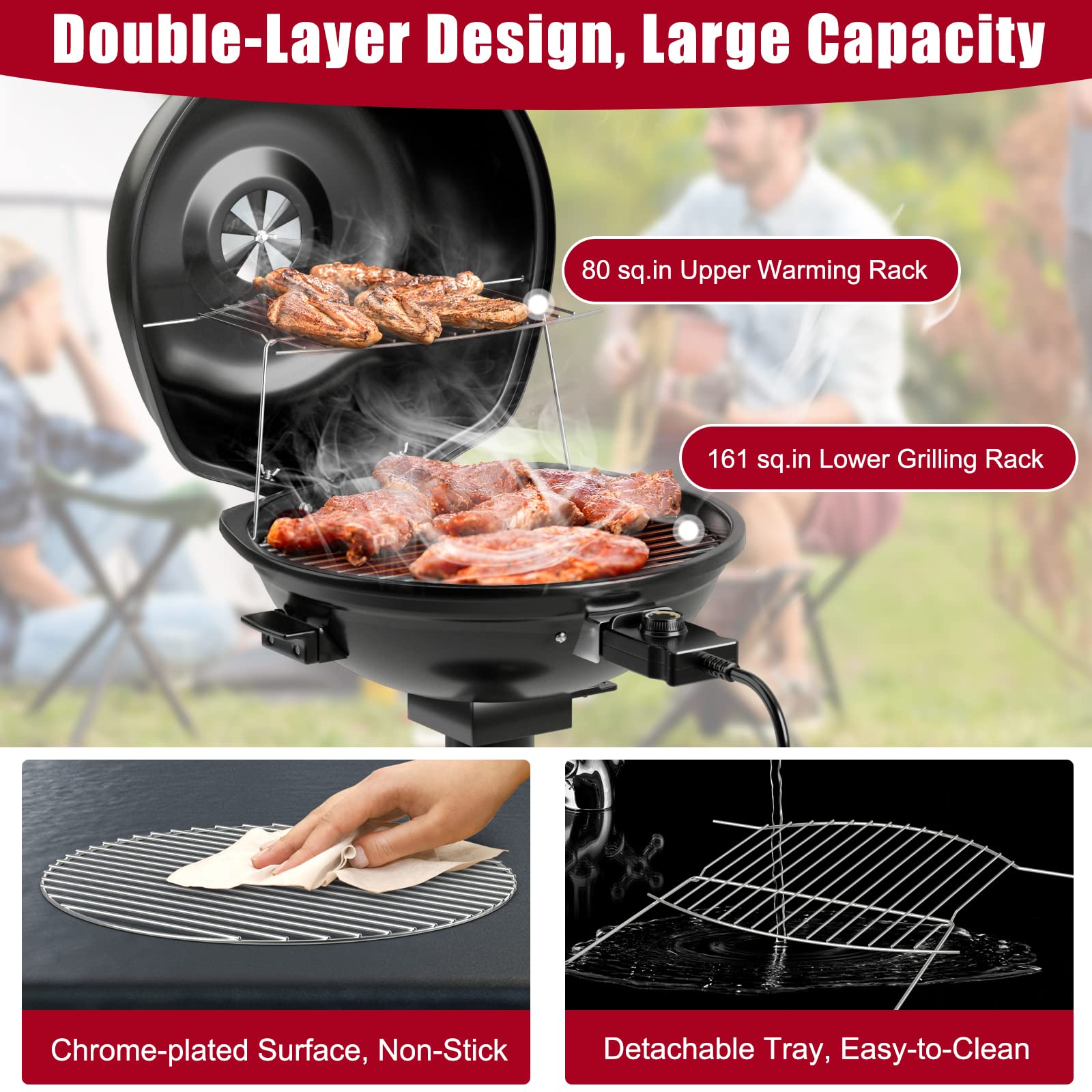 Giantex 1600W Electric BBQ Grill with Removable Non-Stick Grill Rack, Warming Rack & Oil Drip Tray - Adjustable Temperature Portable Outdoor Grill for Camping, Picnics, Tailgating, Backyard & Patio Parties - Black