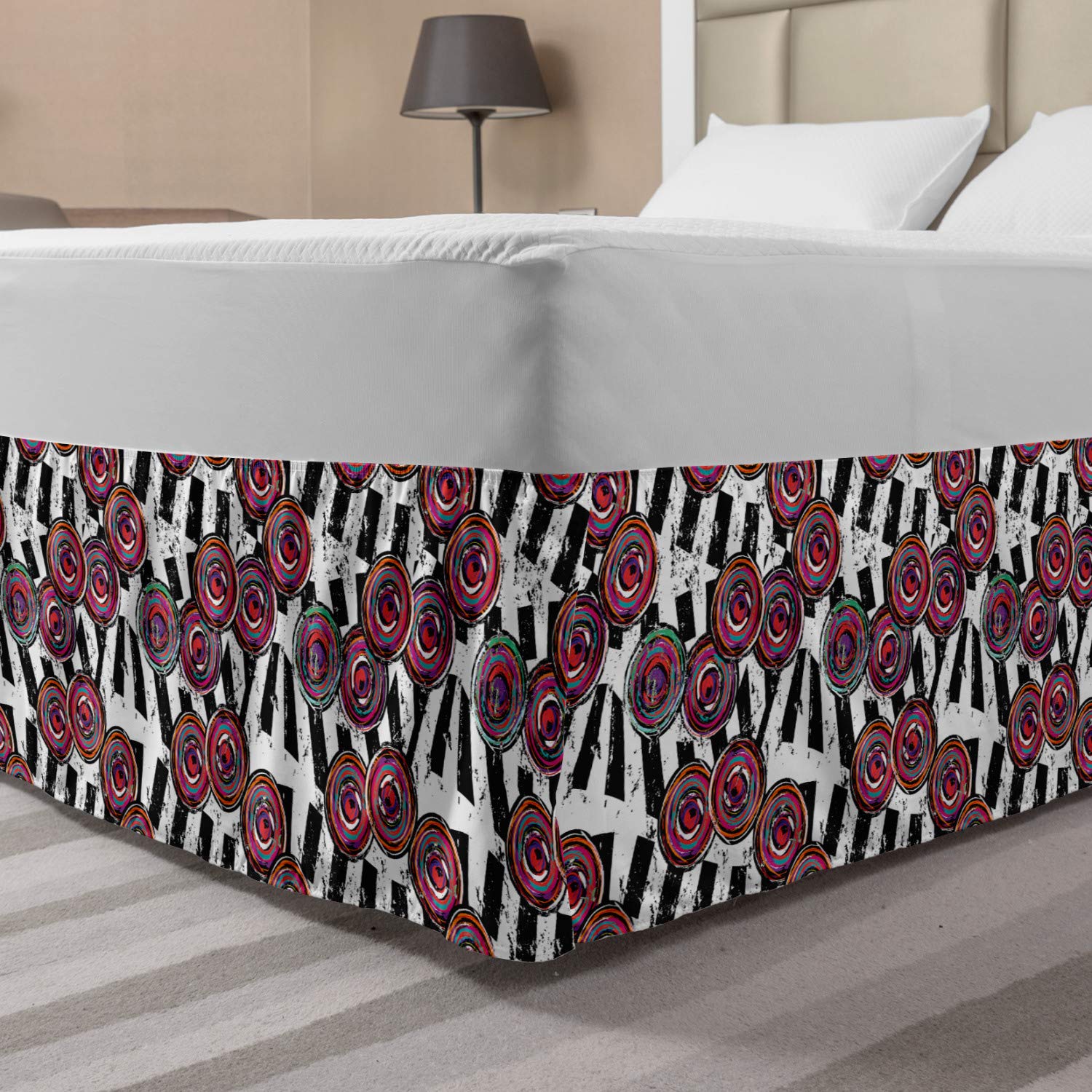 Ambesonne Abstract Elastic Bed Skirt - Musical Keyboard & Intertwined Circles Grunge Pattern, Wrap Around Dust Ruffle for Queen Size Beds, White & Multicolor | Perfect for Modern Bedroom Decor & Guest Room Styling