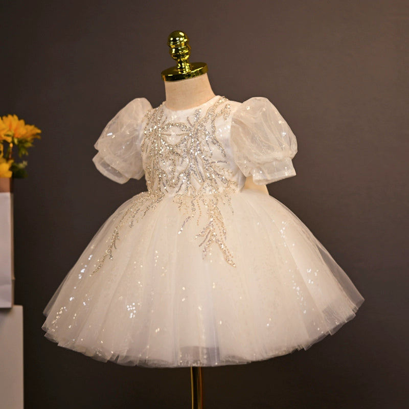 White Princess Round Tea Length Tulle Flower Girl Dress - Perfect for Weddings, Birthday Parties & Special Occasions