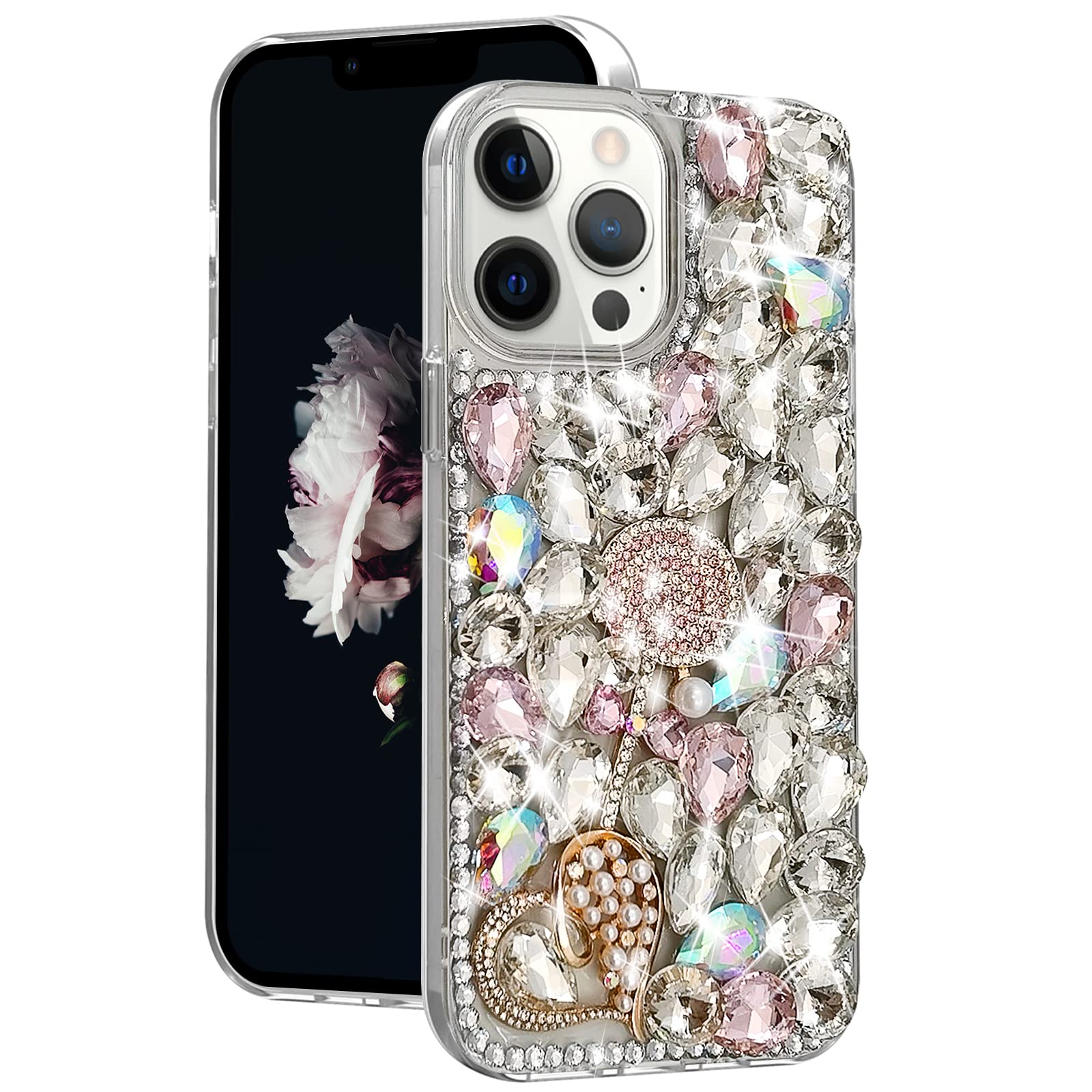 Losin Luxury Diamond Rhinestone Case for iPhone 13 Pro Max - Sparkling 3D Glitter Cover with Heart Pattern & Pearls | Fashionable Protective Phone Case for Women & Girls | Perfect for Parties, Weddings & Special Occasions
