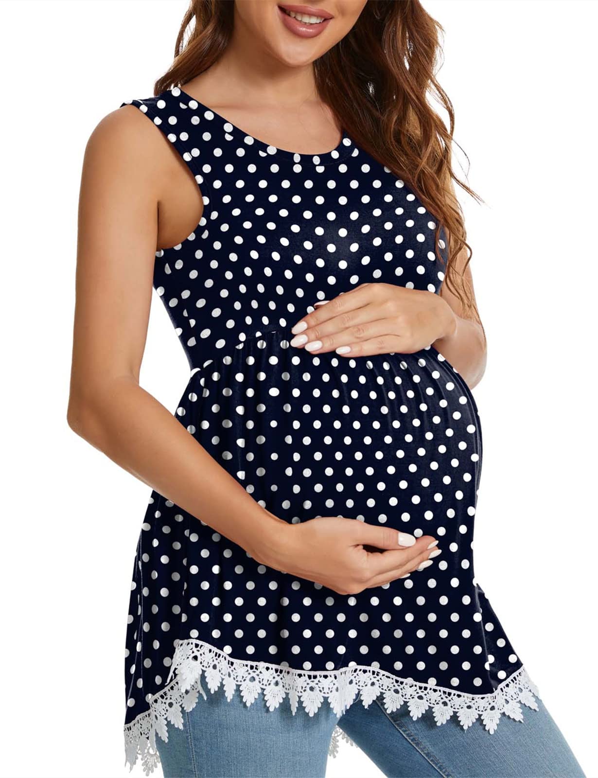 Xpenyo Women's Maternity Tank Top - Sleeveless Lace Crochet Trim Peplum Cami Shirt for Pregnancy Comfort | Perfect for Maternity Photos, Baby Showers & Everyday Wear