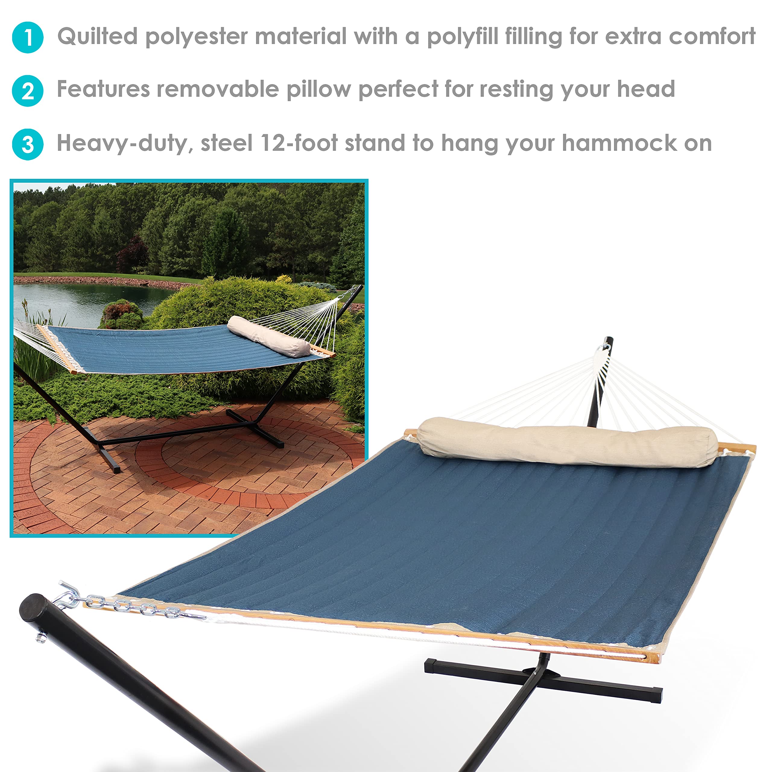 Sunnydaze Double Quilted Fabric Hammock with Stand & Pillow - 350lb Weight Capacity - Black Steel Frame - Tidal Wave Design - Perfect for Backyard, Patio, Beach & Camping Relaxation
