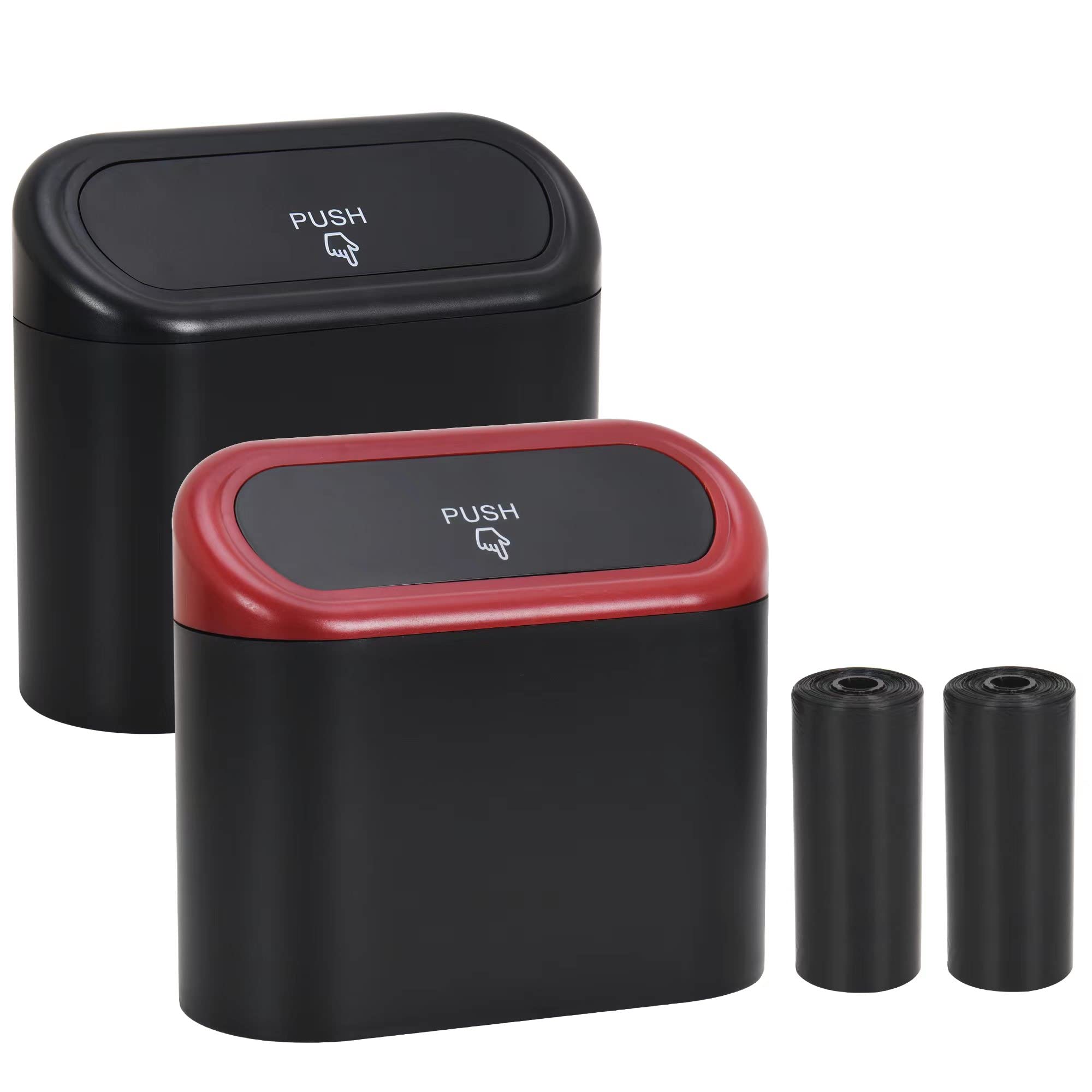 2 Pack Portable Hanging Mini Car Trash Can with Lid & 2 Rolls Trash Bags - Waterproof Odorless Auto Garbage Bin for Car, Office, Home - Perfect for Road Trips, Commuting & Workspace Organization (Black/Red)