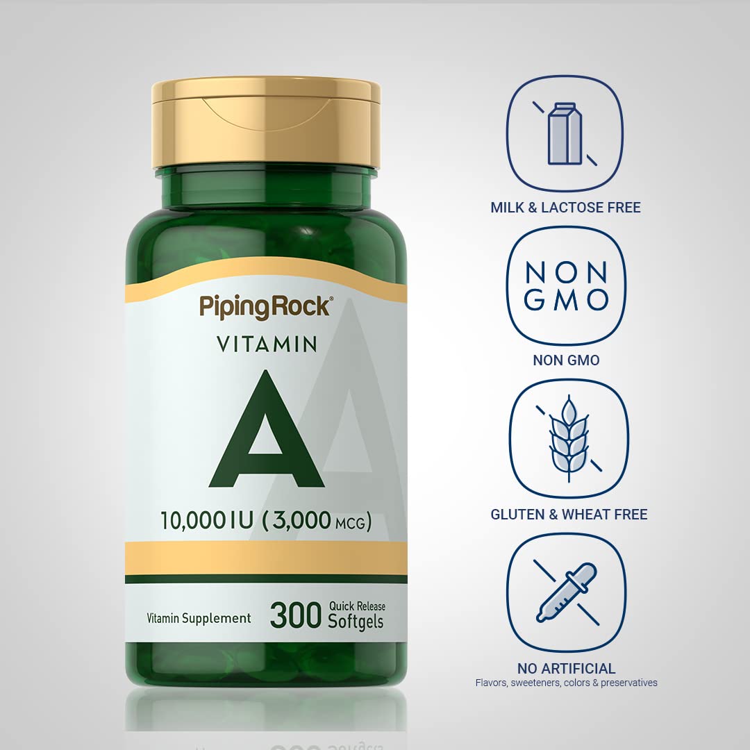 Piping Rock Vitamin A 10000 IU Softgels - 300 Count | Non-GMO, Gluten Free Supplement for Immune Support & Eye Health | Daily Wellness & Nutritional Support