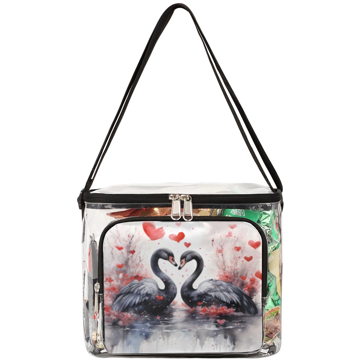 GzLeyigou Clear Heart Shape Tote Bag with Handles - Black Swan Transparent Crossbody Shoulder Bag for Lunch, Travel & Outdoor Activities | Perfect for Picnics, Concerts, Sports Events & Stadium Approved | Fashionable & Functional Carryall for Women