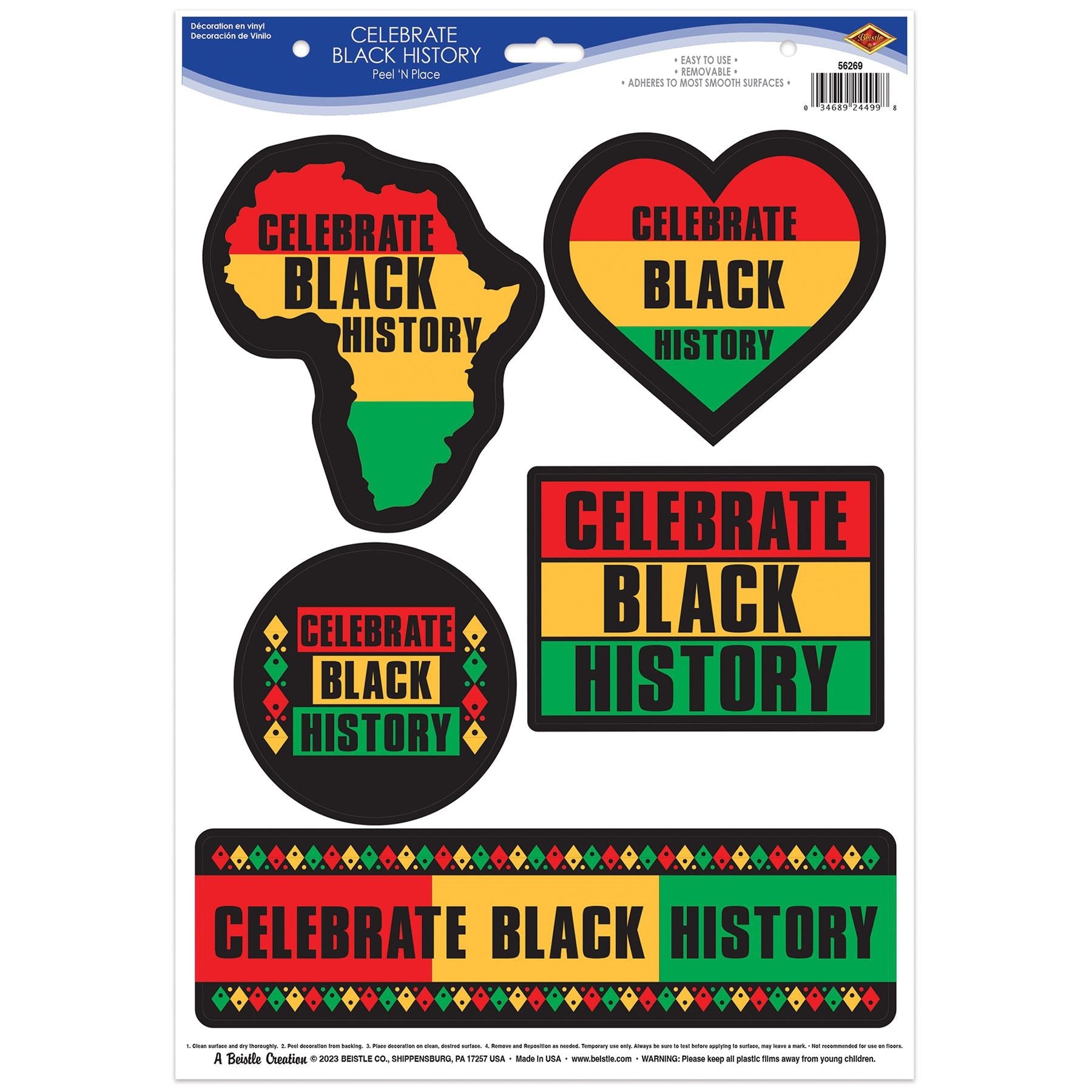 12 Pack Beistle Black History Month Decorative Cling Sheets - Easy Peel & Stick Wall Decor for Classrooms, Offices & Home Celebrations