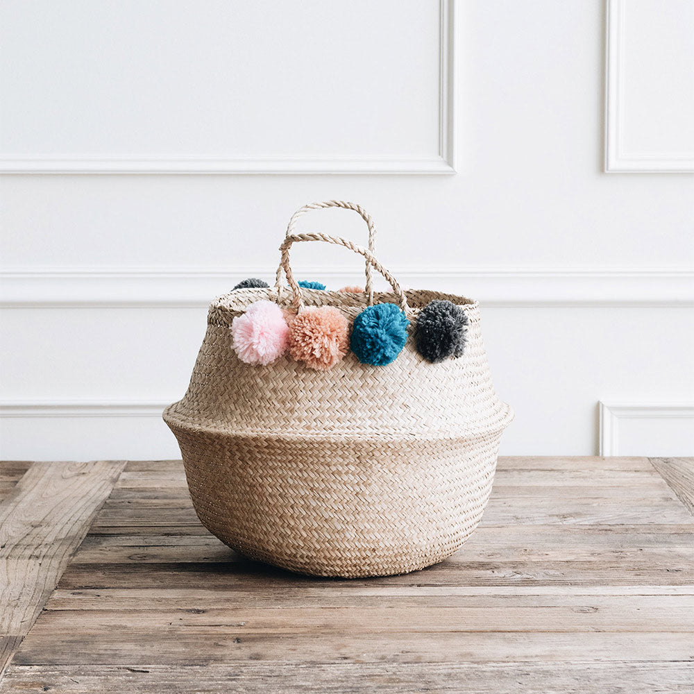 Rudy Pom Pom Belly Basket - Handwoven Decorative Storage Bin for Home Organization | Perfect for Living Room, Nursery, or Bathroom