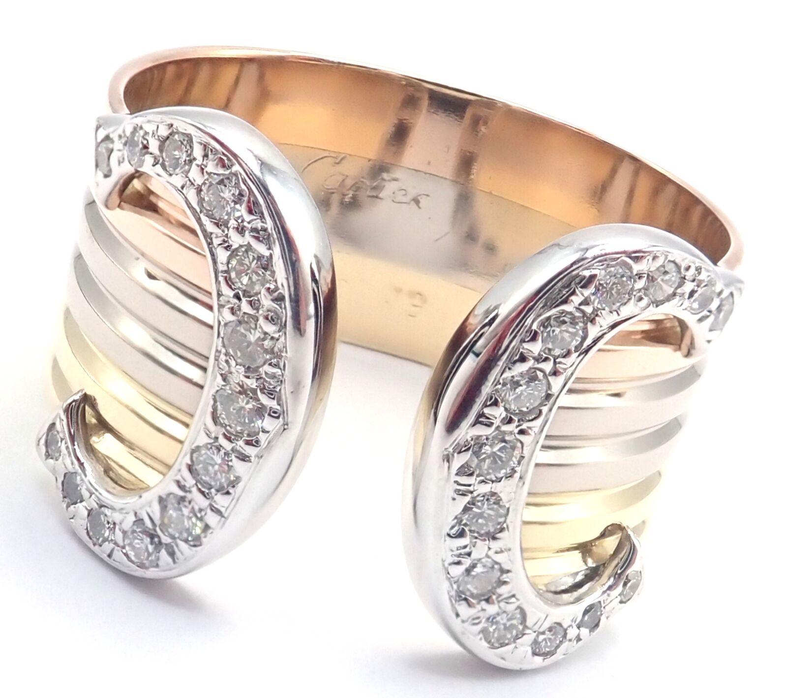 Authentic Cartier Diamond Double C 18k Tri-Color Gold Band Ring - Size 54 (US 6.75) - Luxury Jewelry for Women, Perfect for Weddings, Anniversaries & Special Occasions