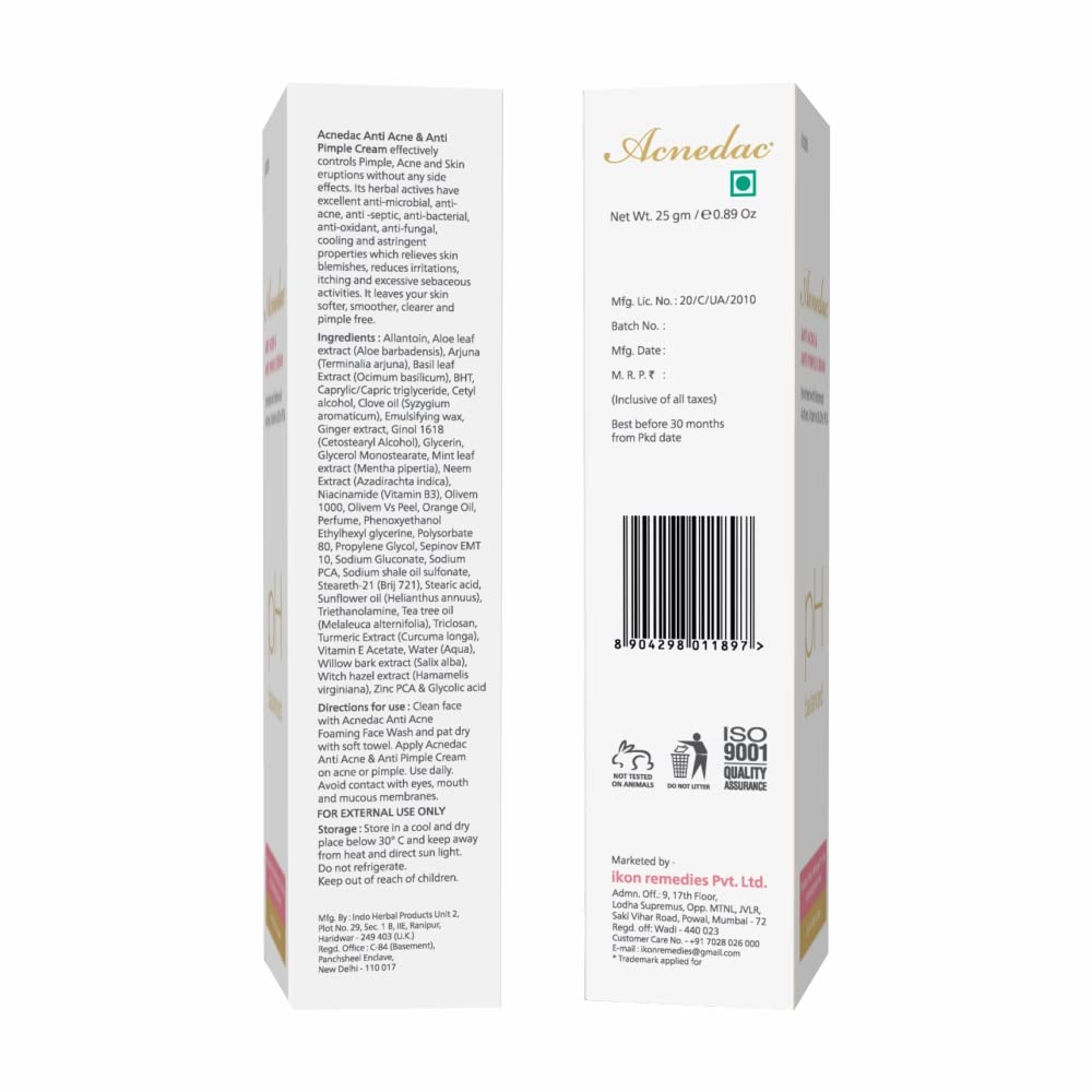 Acnedac Anti Acne & Pimple Treatment Cream 25gm - Botanical Actives, Vitamins & Zinc PCA - Oil-Free & Paraben-Free for All Skin Types - Fights Breakouts & Blemishes - Perfect for Daily Skincare Routine & Teen Acne Care