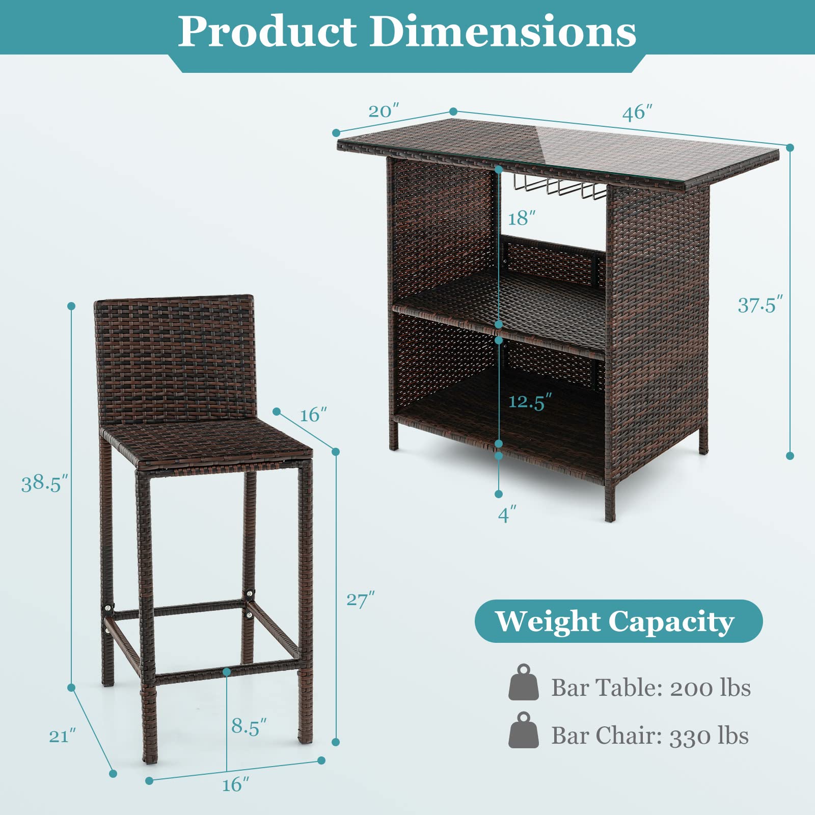 **Tangkula 3-Piece Outdoor Bar Set - Wicker Patio Bar Table & 2 Stools with Stemware Racks, Hidden Storage & Tempered Glass Top - Perfect for Backyard, Poolside, Garden (Mix Brown)**