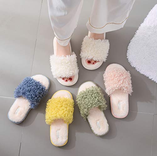 YUCHE Women's Open Toe Fur Slippers - Fluffy Plush Indoor/Outdoor House Shoes with Non-Slip Sole - Comfortable Flat Slippers for Women (Size 9, Green) - Perfect for Lounging, Spa Days & Cozy Home Wear