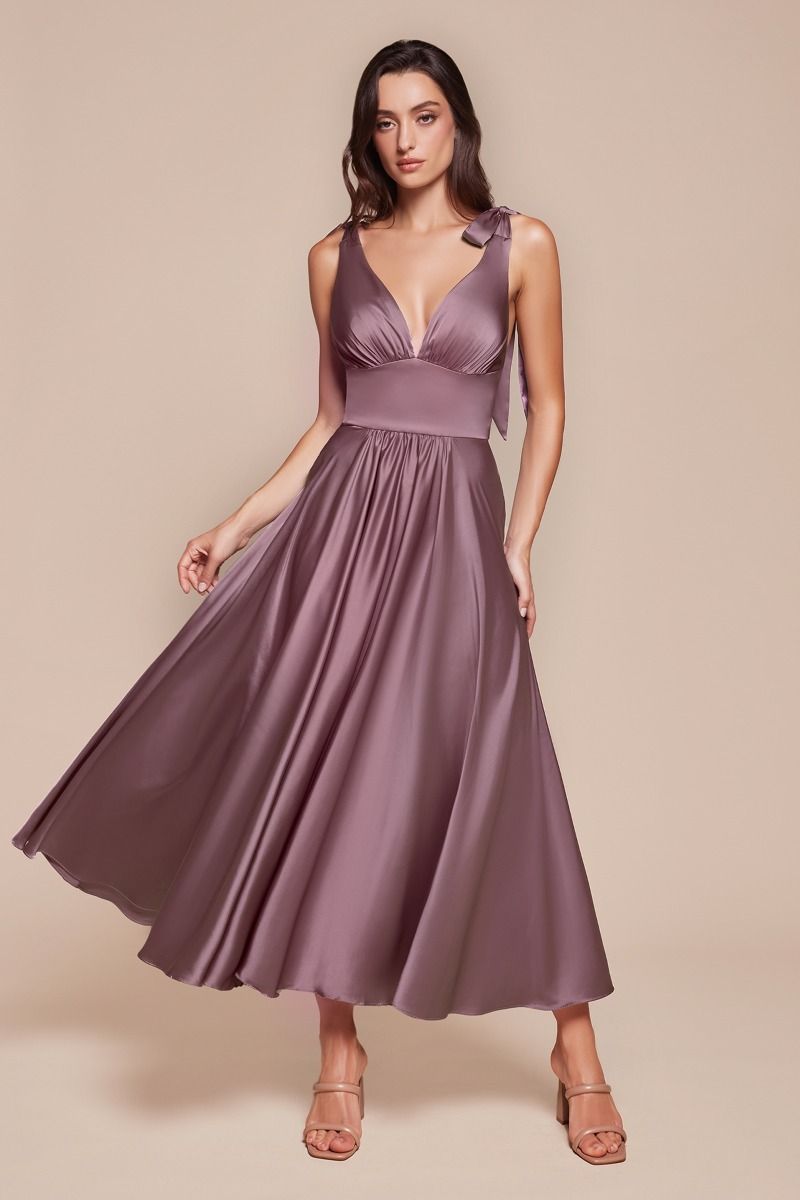 Elegant Maggie Midi Dress in English Violet - Tea Length Soft Satin A-Line Dress for Wedding Guest, Cocktail Party & Special Occasions