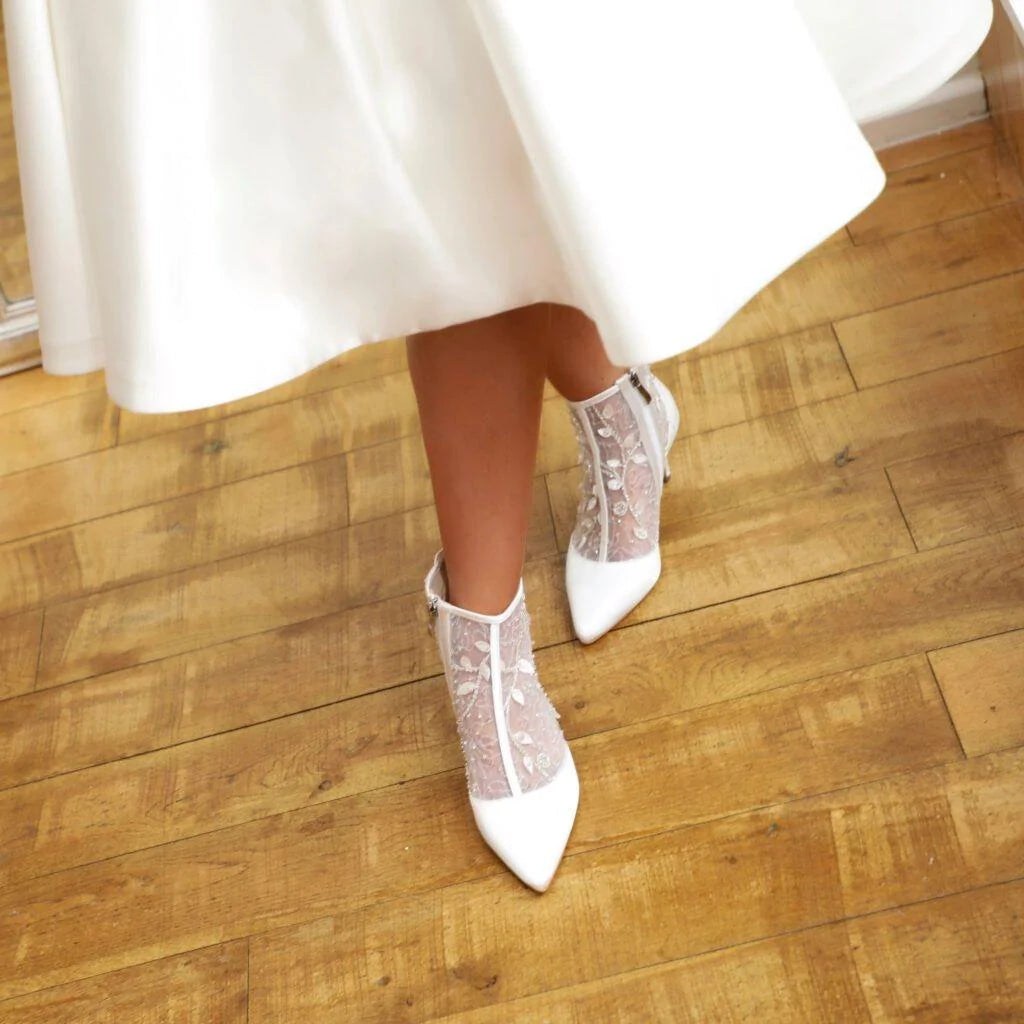 Ivory Satin Wedding Boots with Sequined Lace - Elegant Bridal Shoes for Bride by Perfect Bridal (IMOGEN) | Perfect for Wedding Ceremony, Bridal Shower & Romantic Photoshoots