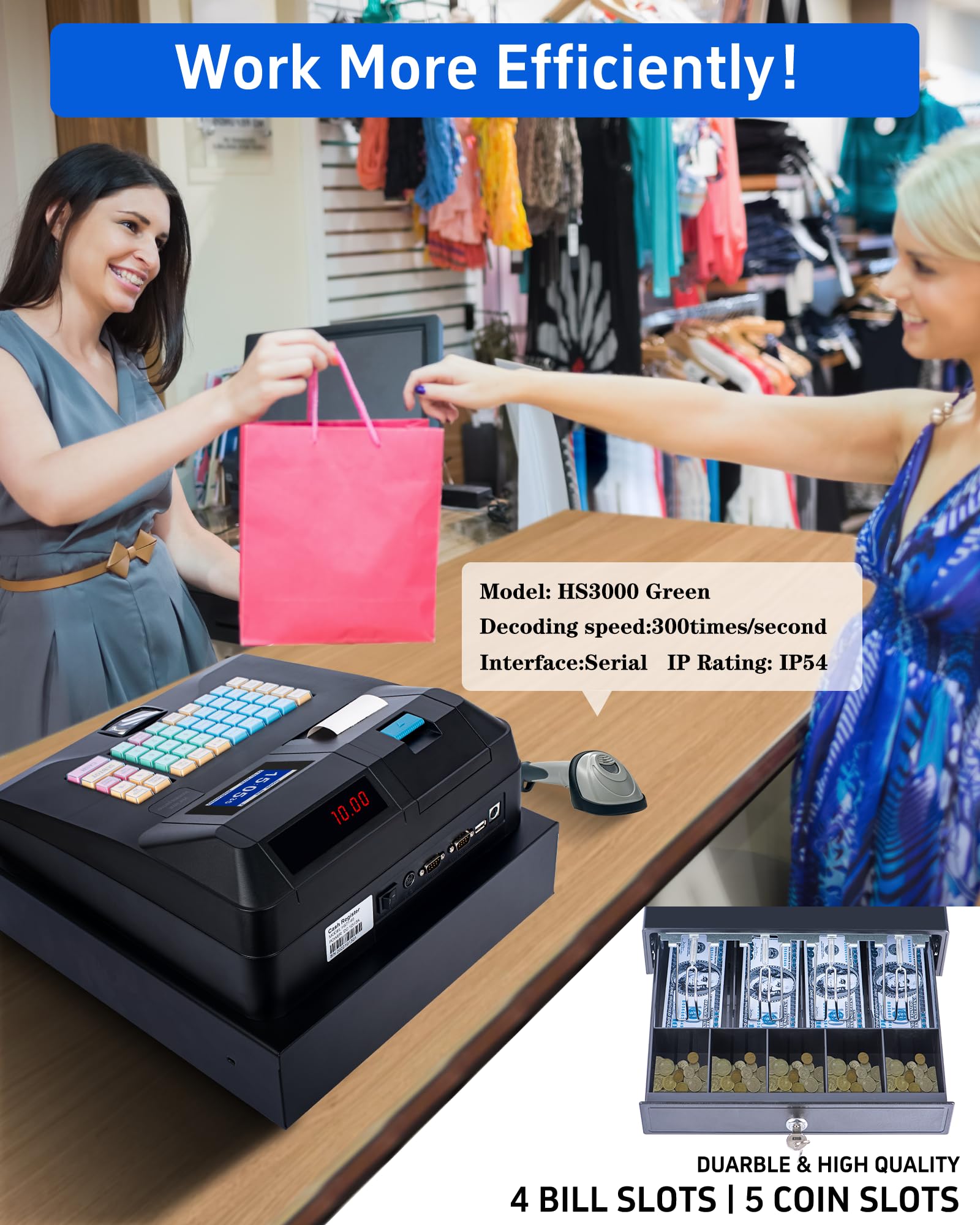 Perfiware Electronic Cash Register for Small Business - Dual Display, Auto Receipt Printer, Cash Drawer & Barcode Scanner - Oil-Proof Keyboard for Retail Stores, Restaurants, Malls & Shops (Perfect for Quick Checkout & Inventory Management)