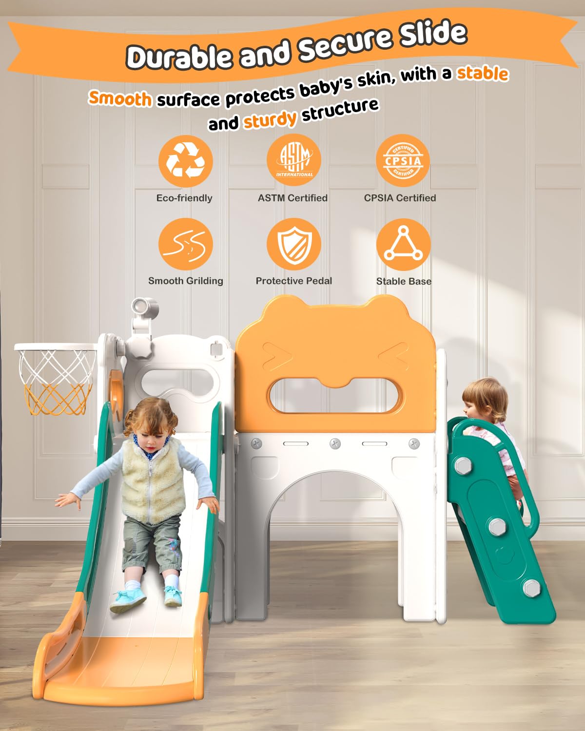 Babytronic 7-in-1 Toddler Slide Playset for Kids Ages 1-3 - Indoor/Outdoor Baby Slide with Basketball Hoop & Telescope - Green & Yellow Toddler Playground Equipment for Backyard, Nursery & Daycare Fun