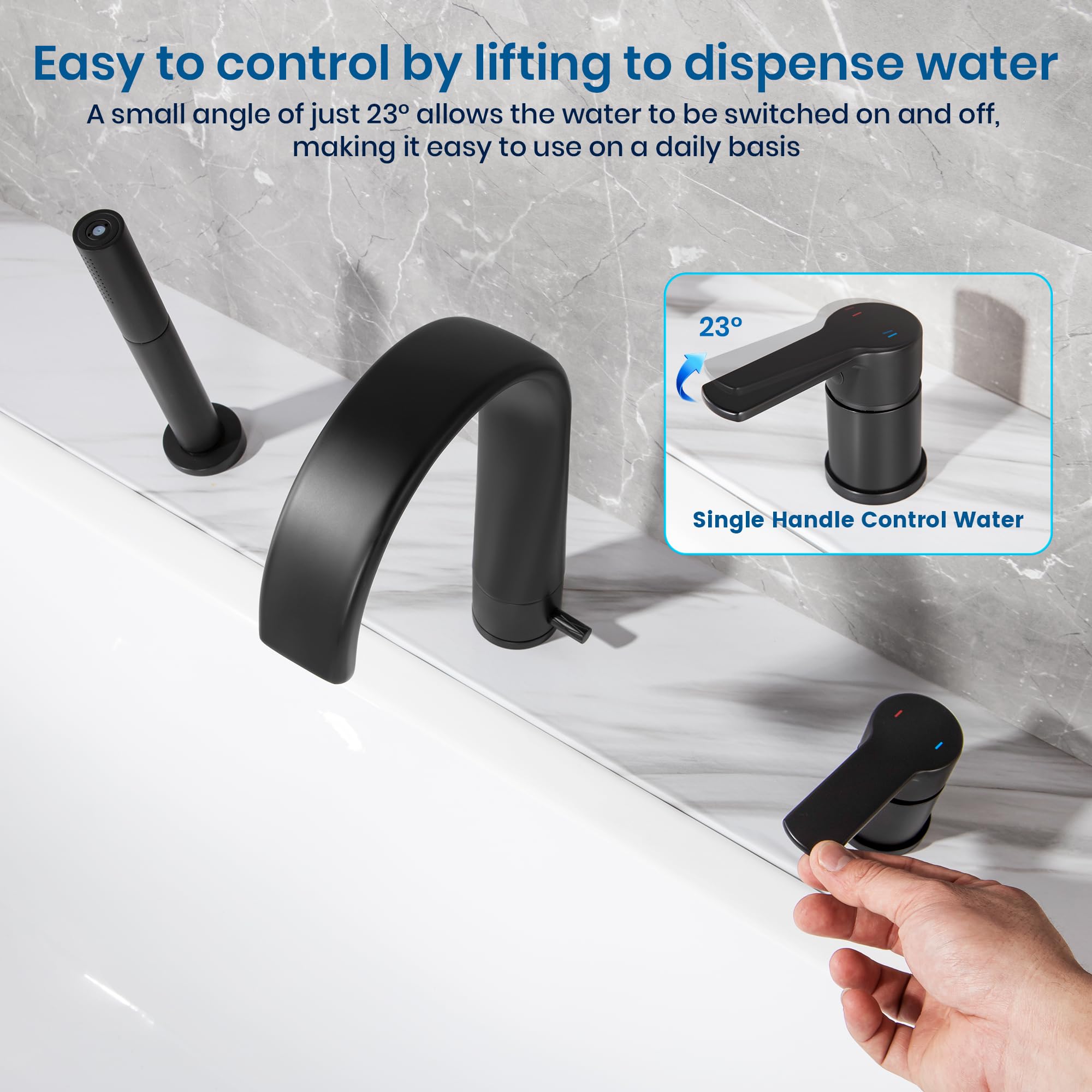 SKOWLL Roman Tub Faucet with Sprayer - Matte Black Deck Mount Bathtub Faucet Set with Handheld Shower & Waterfall Spout - Widespread Bathroom Faucet for Luxury Soaking Tubs (Perfect for Spa-Like Bathroom Upgrades & Relaxing Bubble Baths)
