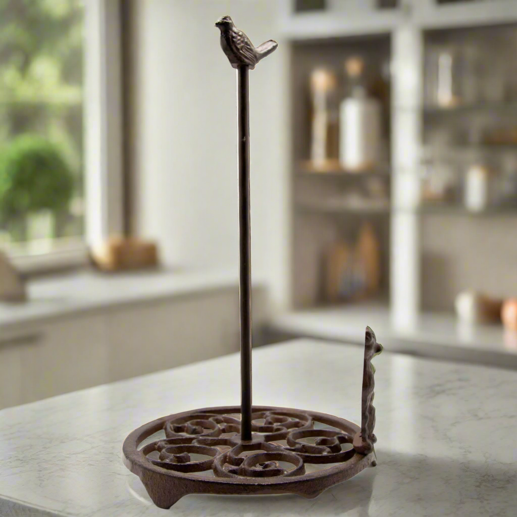 Cast Iron Cat & Bird Kitchen Paper Towel Holder and Trivet Set - Cute and Functional Kitchen Decor for Cat Lovers - Perfect for Countertop, Pantry, or Gift Giving