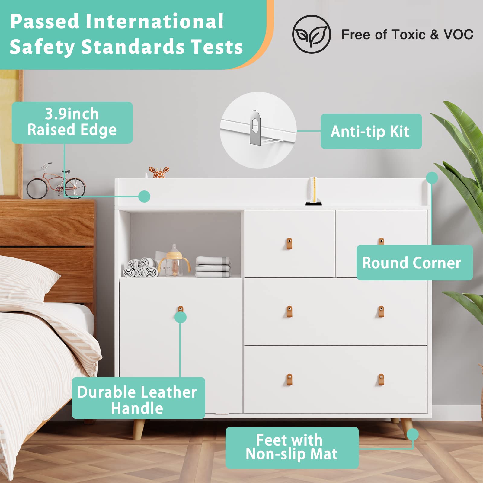 Baby Changing Table with Drawers & Hidden Trash Storage - 45 Inch Nursery Dresser, Infant Changing Station & Storage Chest - White - Perfect for Baby Nursery Organization & Diaper Changing Convenience