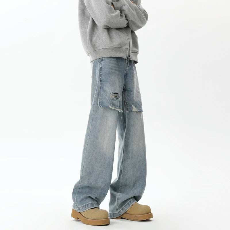 Trendy Men's Ripped Denim Jeans Two-Piece Set - Loose Fit Casual Pants for Spring & Fall - Fashionable Male Clothing (Style 9C9263) | Perfect for Streetwear, Outings & Everyday Comfort
