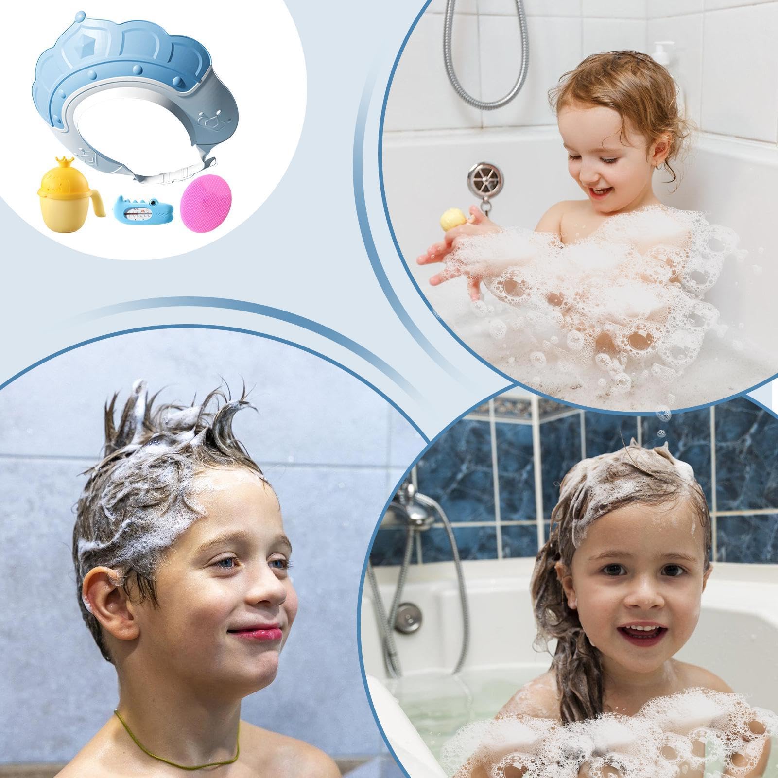 Waterproof Bathing Hat for Kids - Adjustable Hair Washing Shield with Built-in Temperature Gauge & Shampoo Cup | Includes Massage Brush for Gentle Hair Care | Perfect for Toddler Bath Time, Spa Days & Sensitive Scalp Care