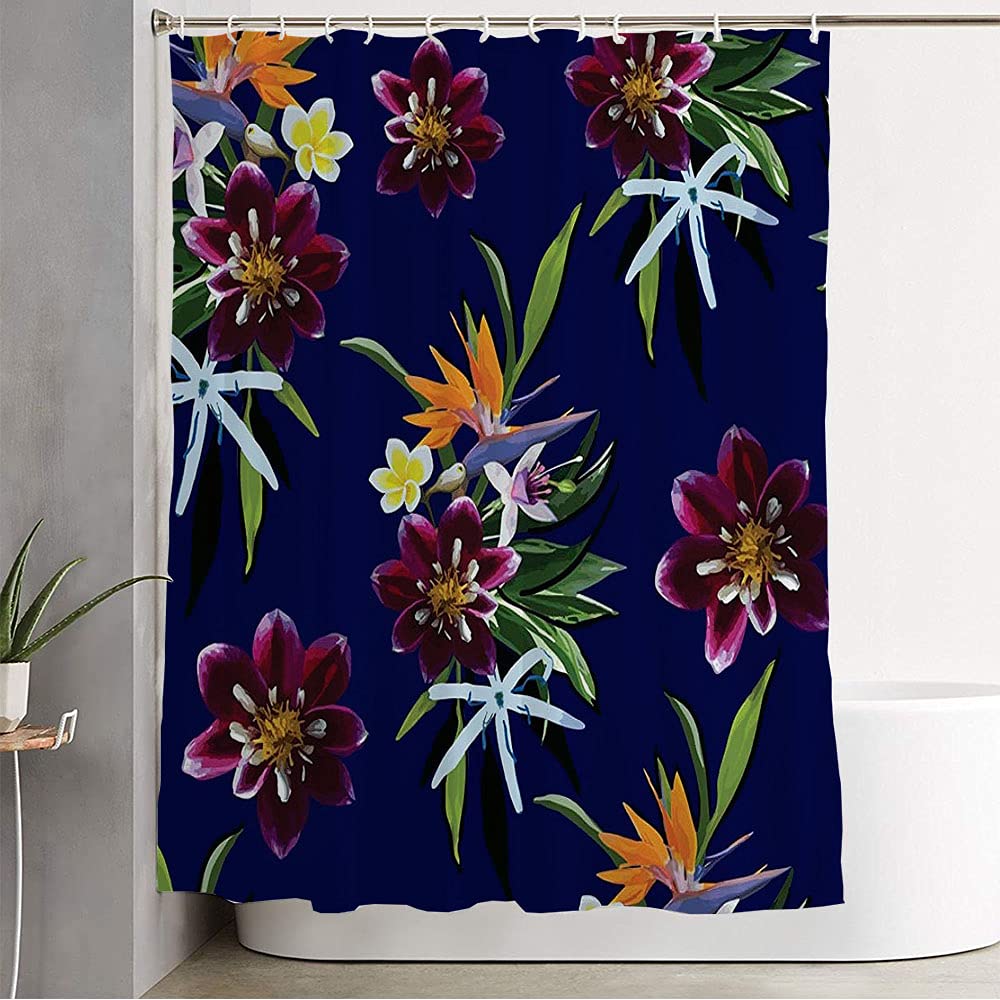 Okcorki Pink Polynesian Tropical Leaf & Blossom Fabric Shower Curtain - Vintage Tahiti Style Bathroom Decor with 12 Hooks, 72x78 Inches - Perfect for Beach House, Boho Chic, or Tropical Themed Bathrooms