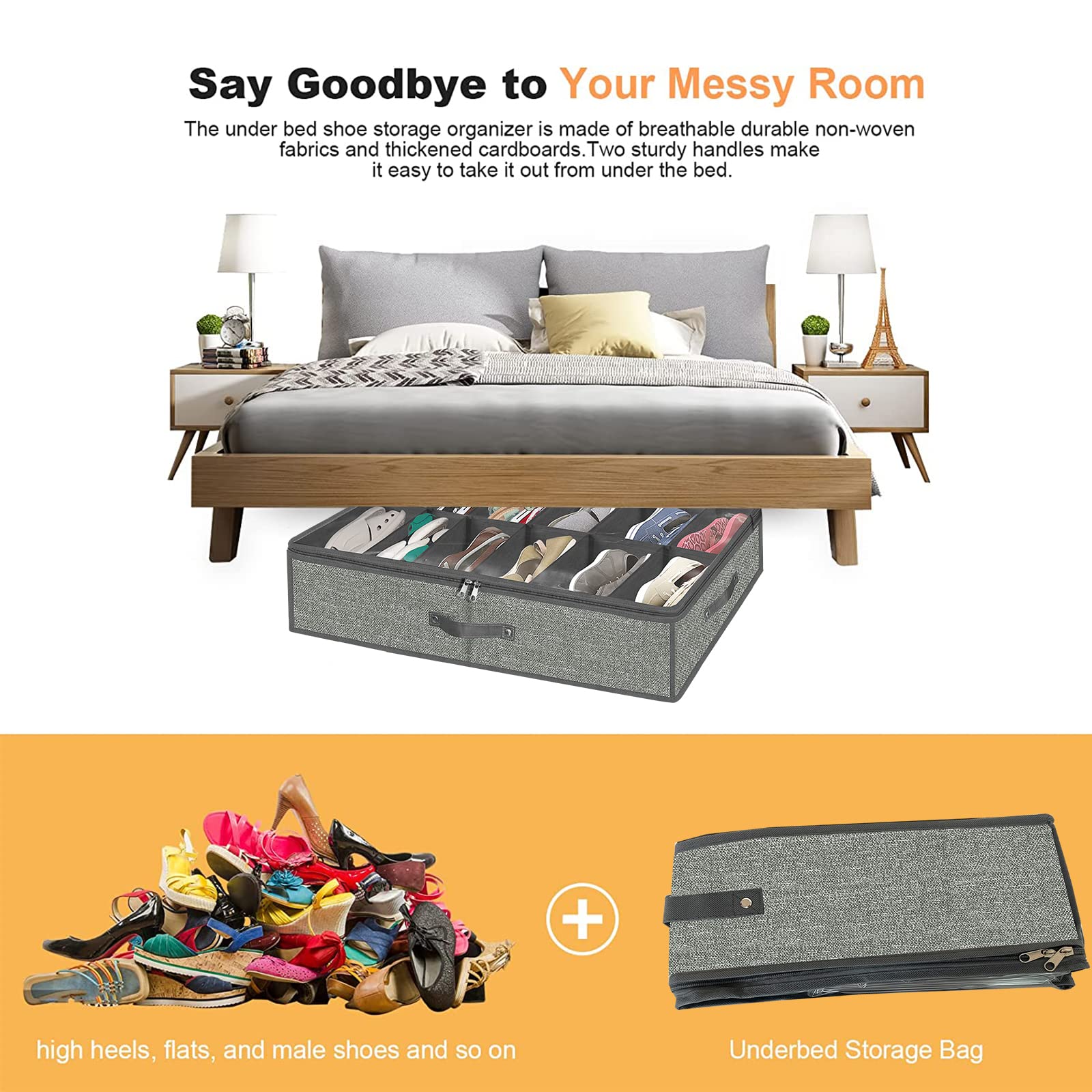 Under Bed Shoe Storage Organizer for Closet - Holds 24 Pairs of Shoes, Sturdy Underbed Shoe Box with Clear Cover, Set of 2 (29.3 x 23.6 x 5.9 Inches, Linen-like Grey) - Perfect for Bedroom, Dorm, Apartment & Small Space Organization
