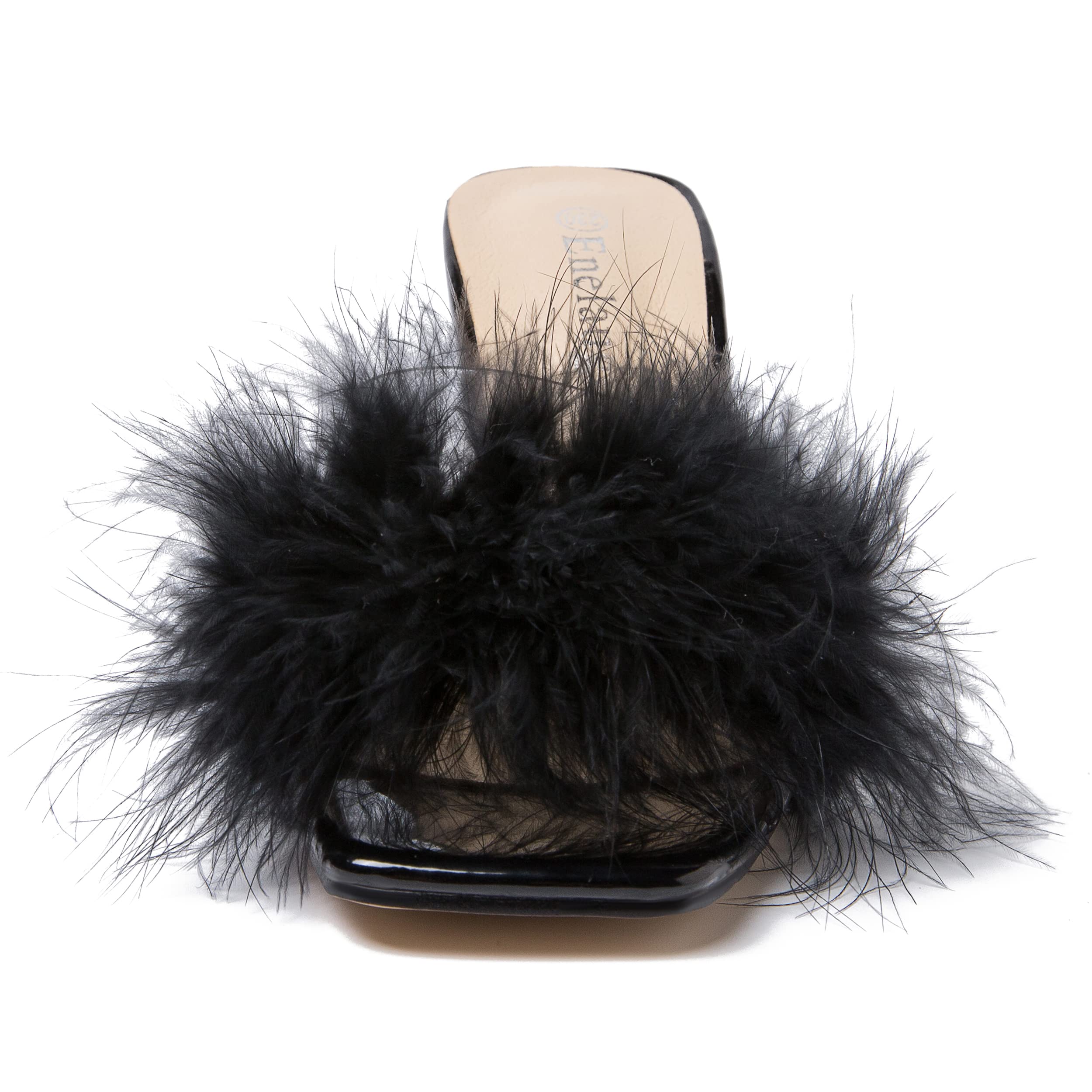 Enelauge Women's Square Toe Feather Sandals - Clear High Heel Mules with Fluffy Feathers, Backless Slip-On Dress Shoes for Party, Wedding & Evening Events