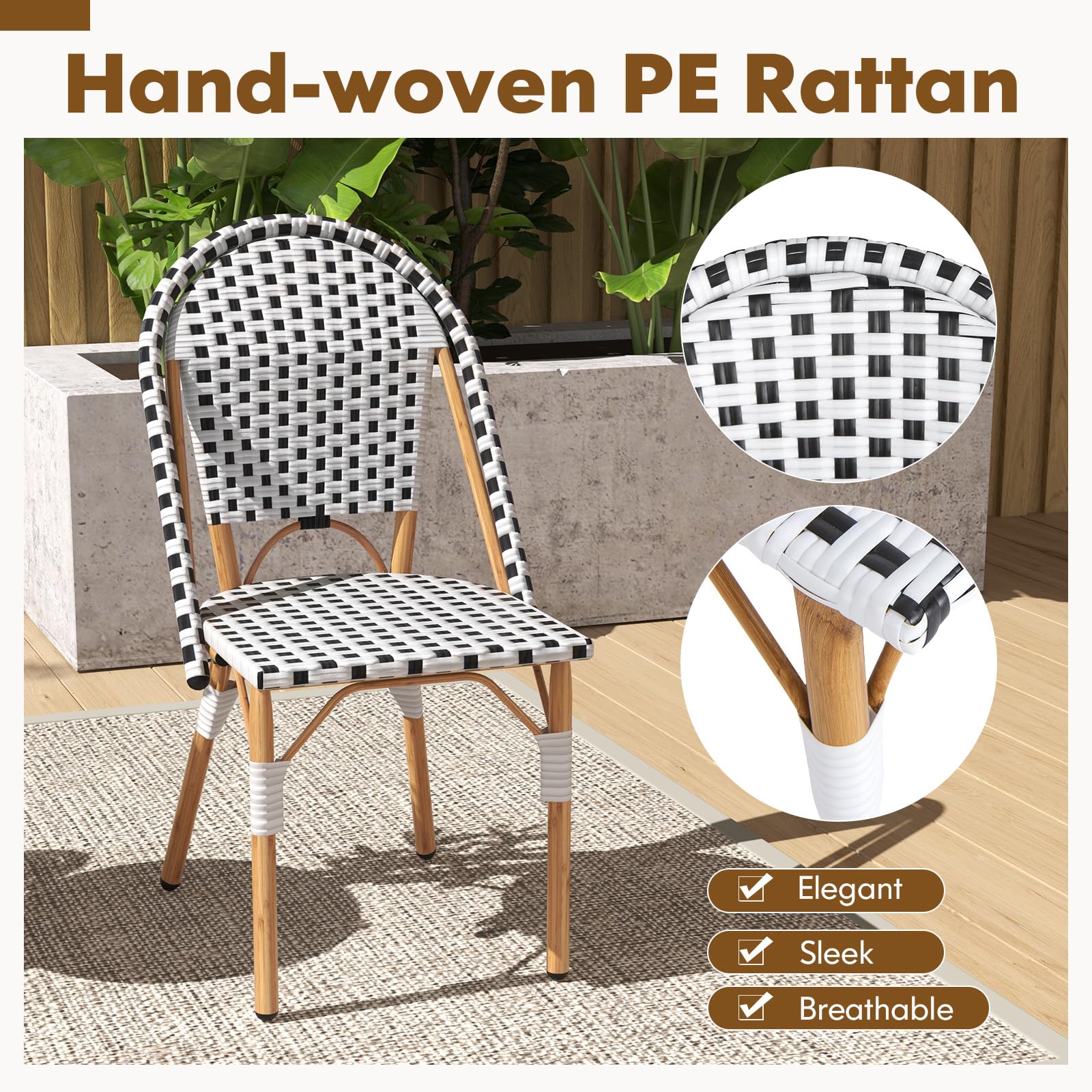 Tangkula French Bistro Chair Set of 4 - Outdoor Armless Dining Chairs with Hand-Woven Rattan & Galvanized Metal Frame - Patio Kitchen Garden Backyard Porch Accent Chairs (Black & White) - Perfect for Al Fresco Dining, Coffee Shops, and Coastal Decor