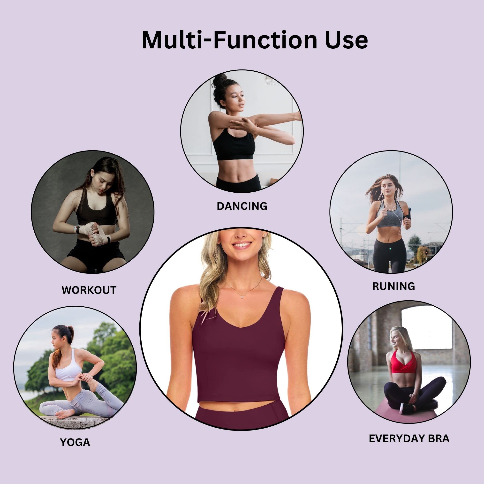 **M&M SCRUBS Women's Longline Wirefree Yoga Top with Medium Support & Padded Sports Bra - 5-Piece Exercise Workout Bands Set for Yoga, Gym & Home Fitness**